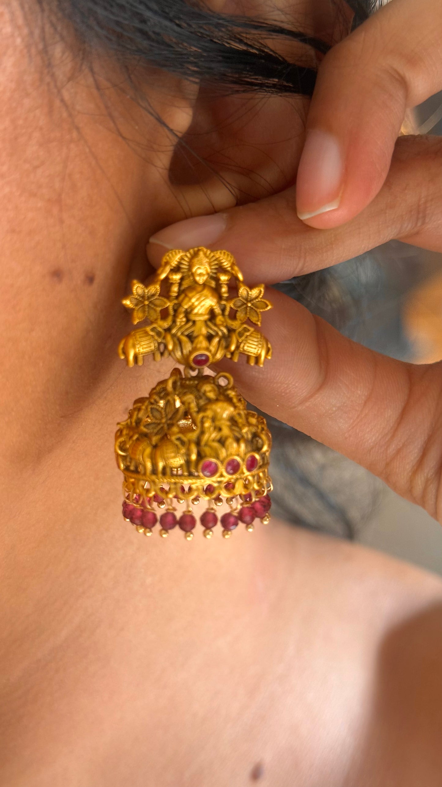 Goddess Laxmi Rani pink ruby temple Jhumka with pink drops