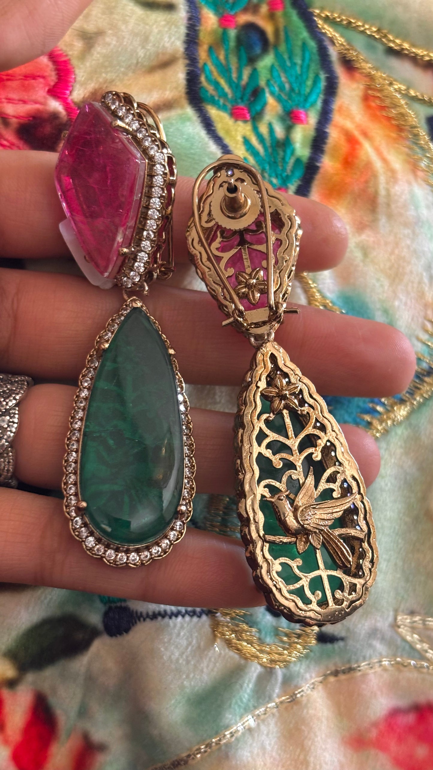 Rose pink & emerald cocktail danglers