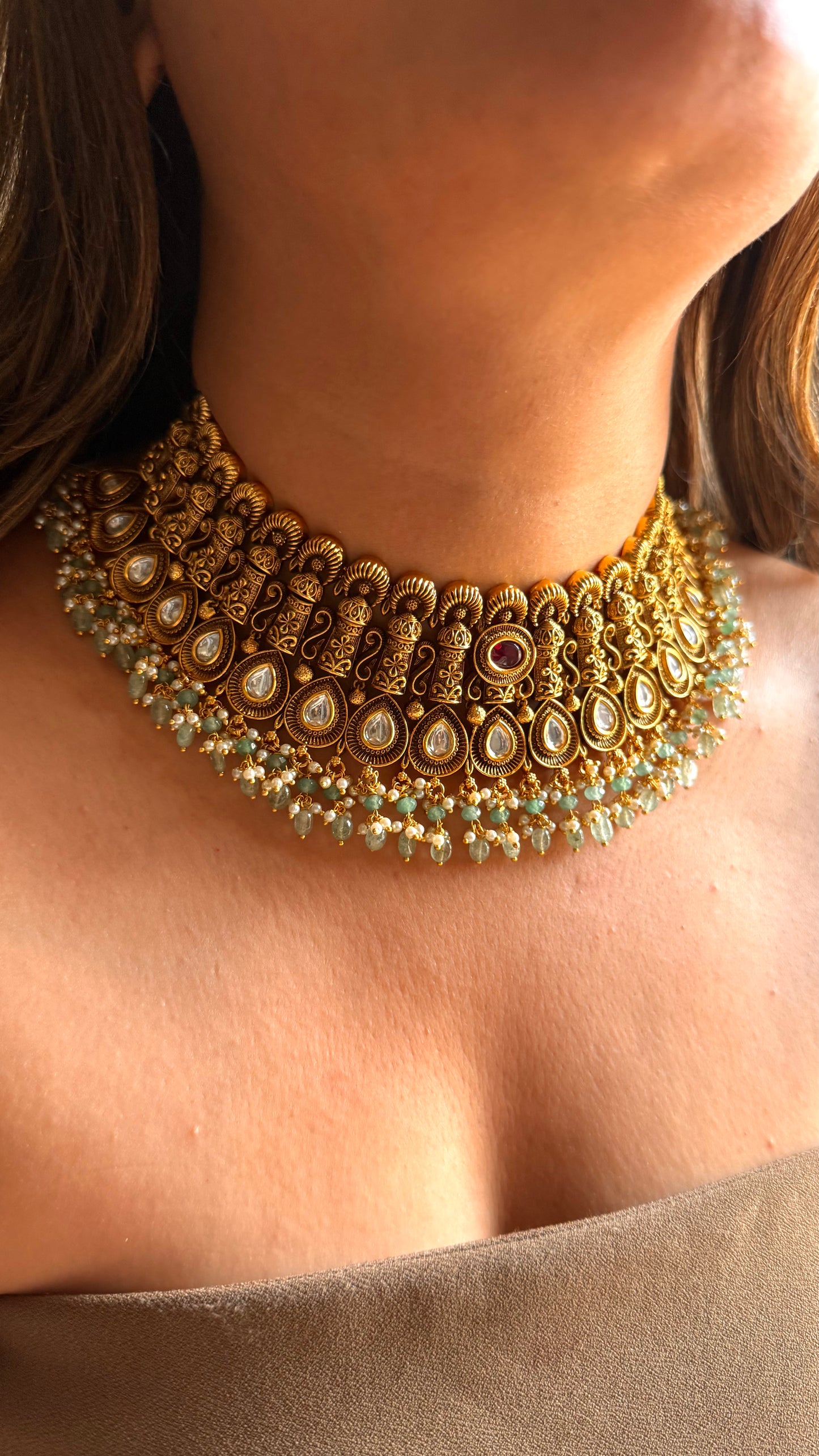 Real nakshi oxidised choker with ruby & mint detailing