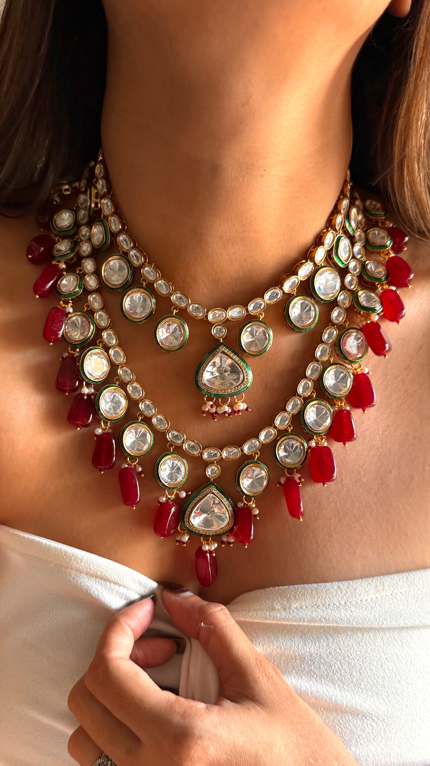 Emerald meenakari polki with ruby drops