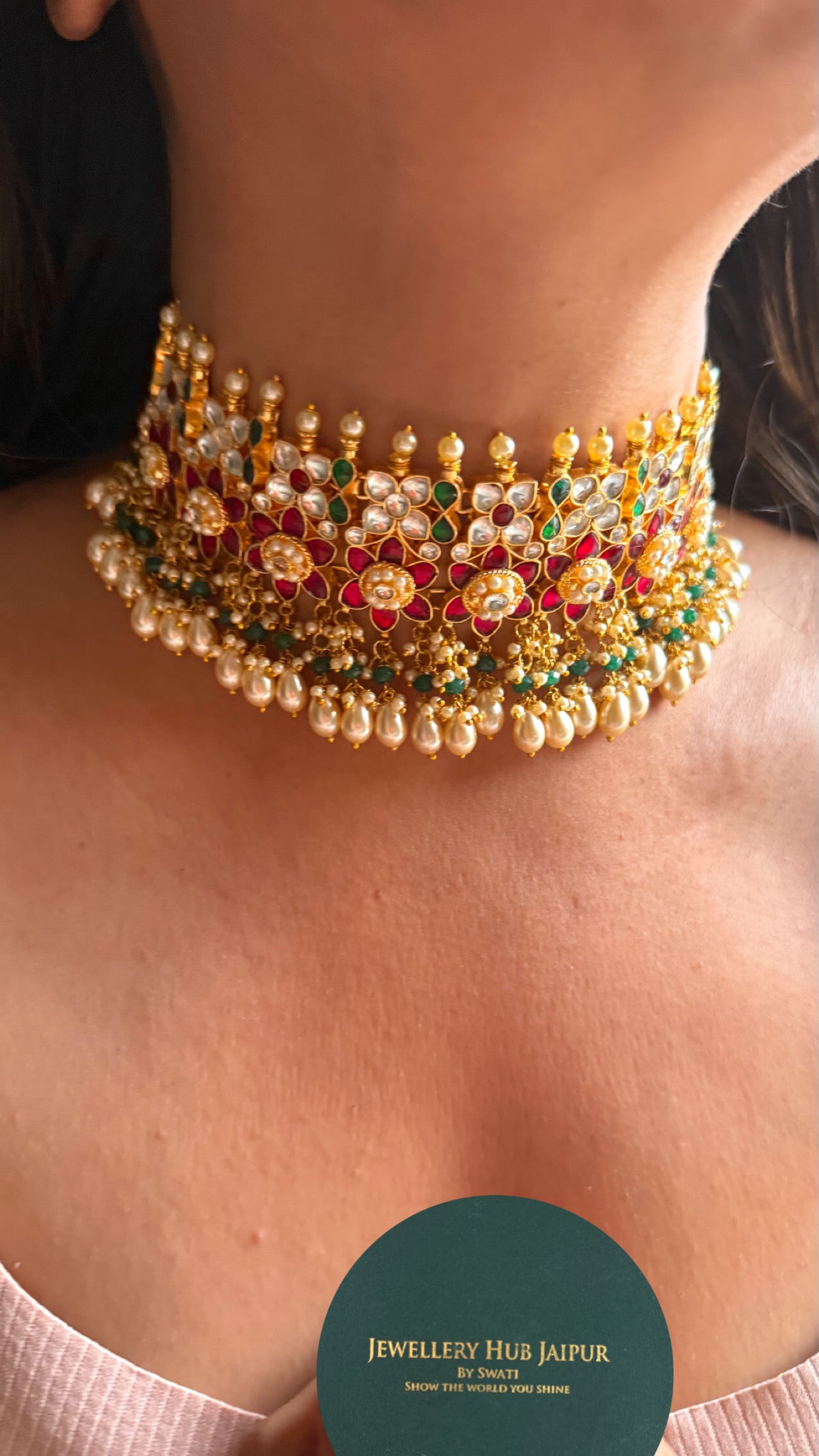 Emerald & ruby Paachi Kundan with tear drops choker necklace