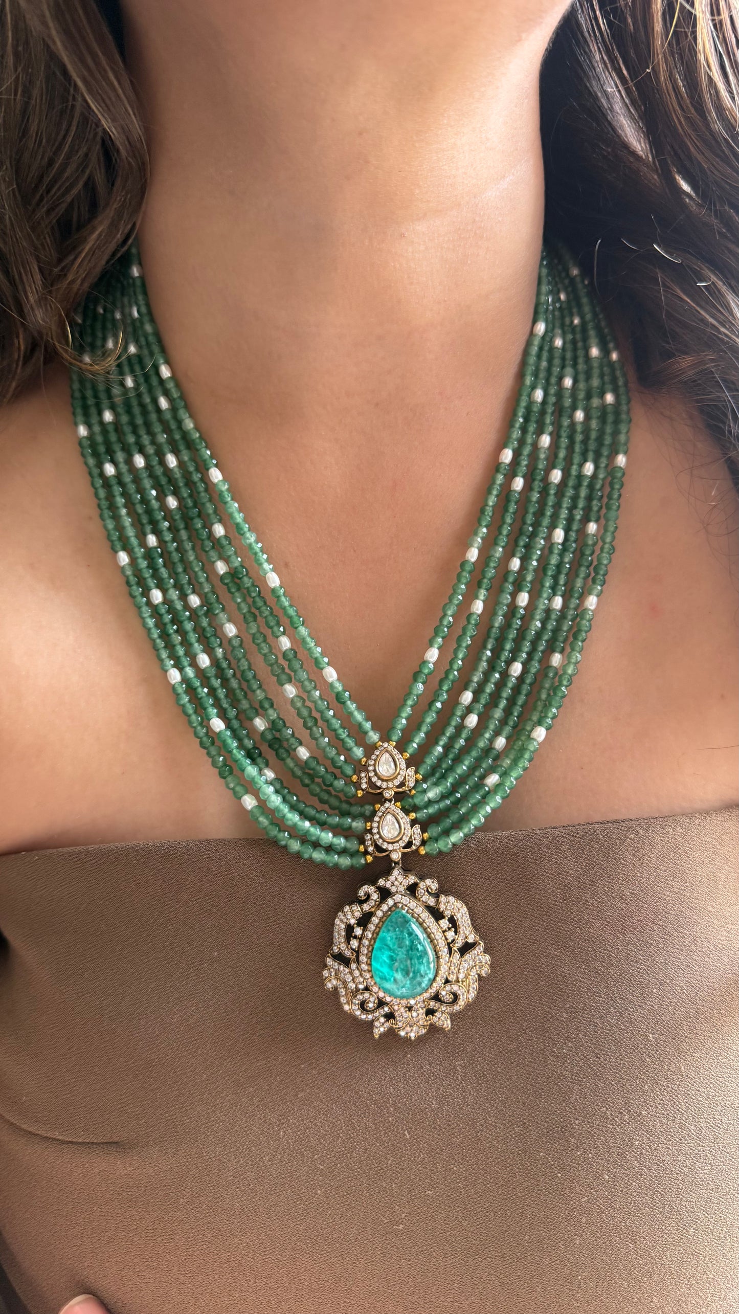 Mint & Pearl triple step pendant Victorian Necklace set