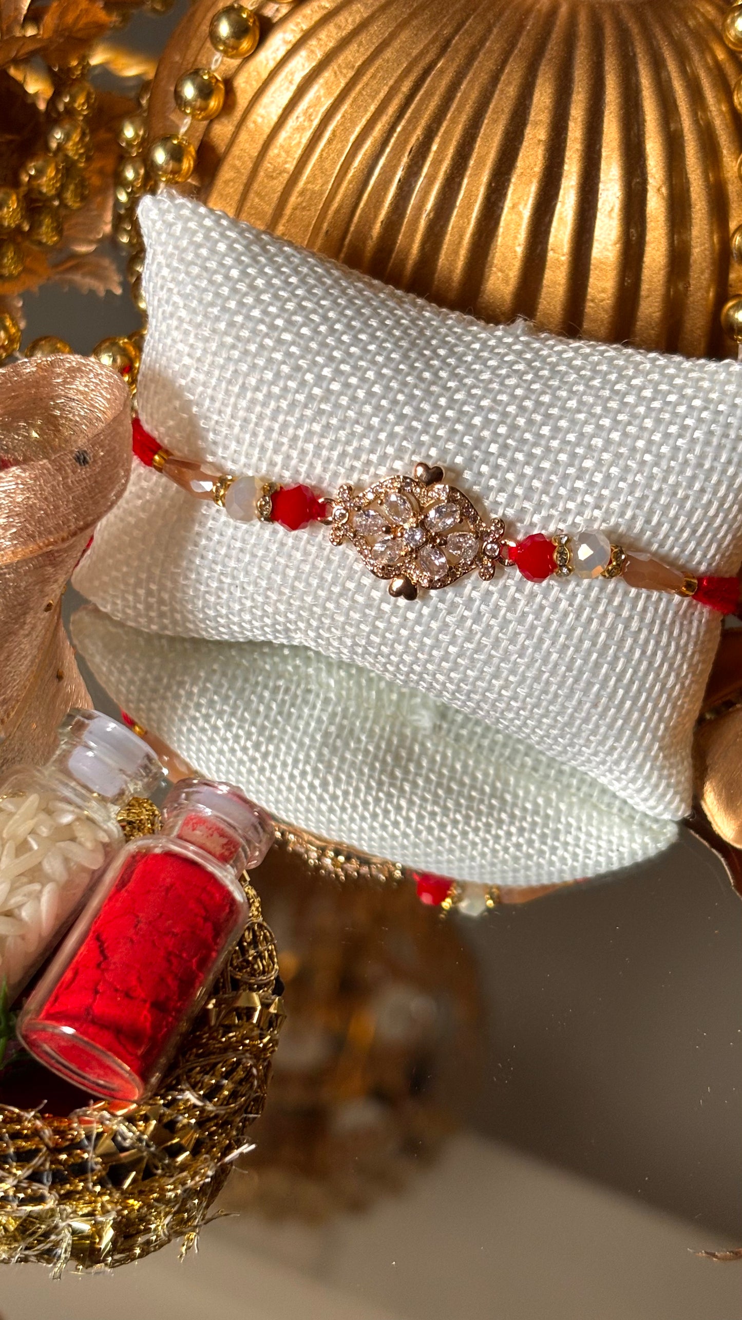 Cz Diamond polki red thread rakhi ( shipping will be extra )