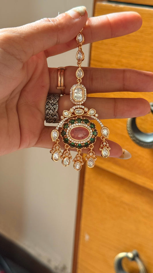 Rose quartz & emerald polki maangtika