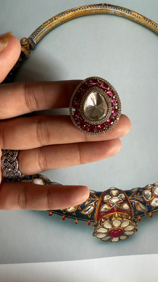 Rani pink Moissanite polki adjustable ring