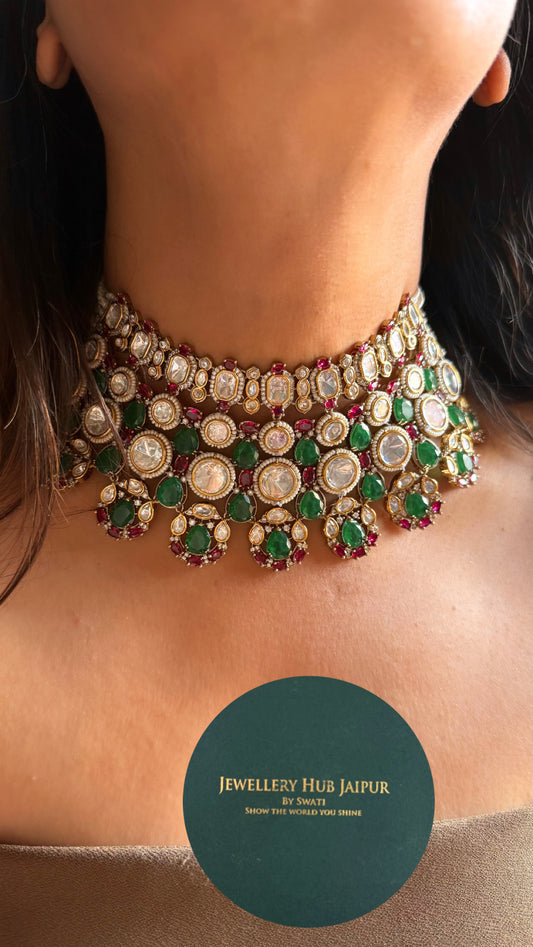 Emerald & ruby doublet real moissanite choker set