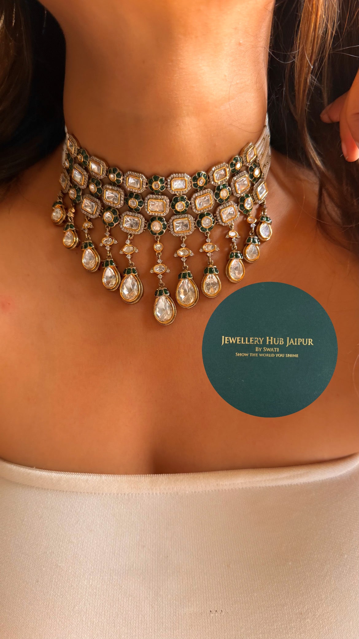 Emerald floral & moissanite polki choker set