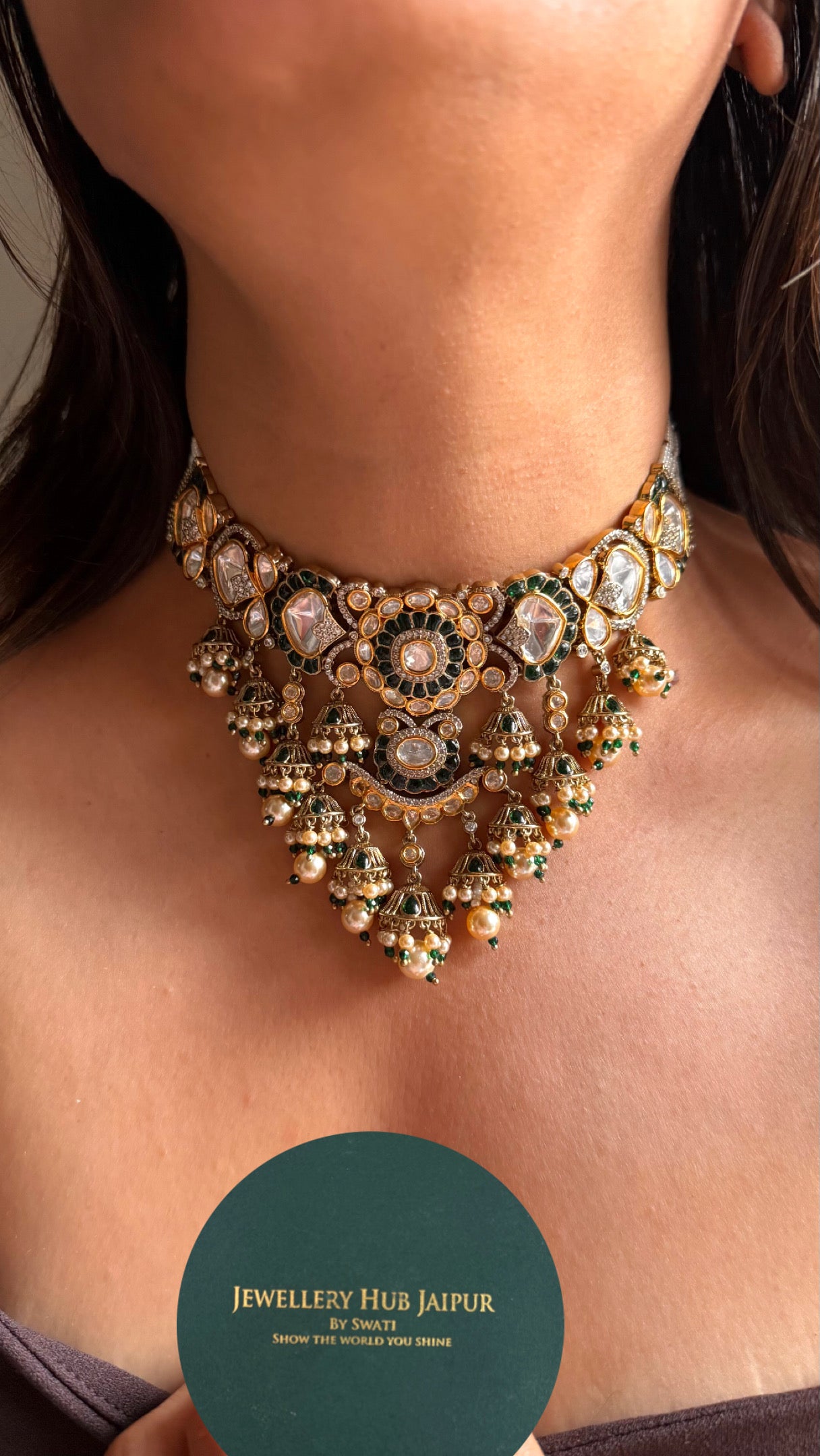 Emerald vintage with jhumki drops choker necklace