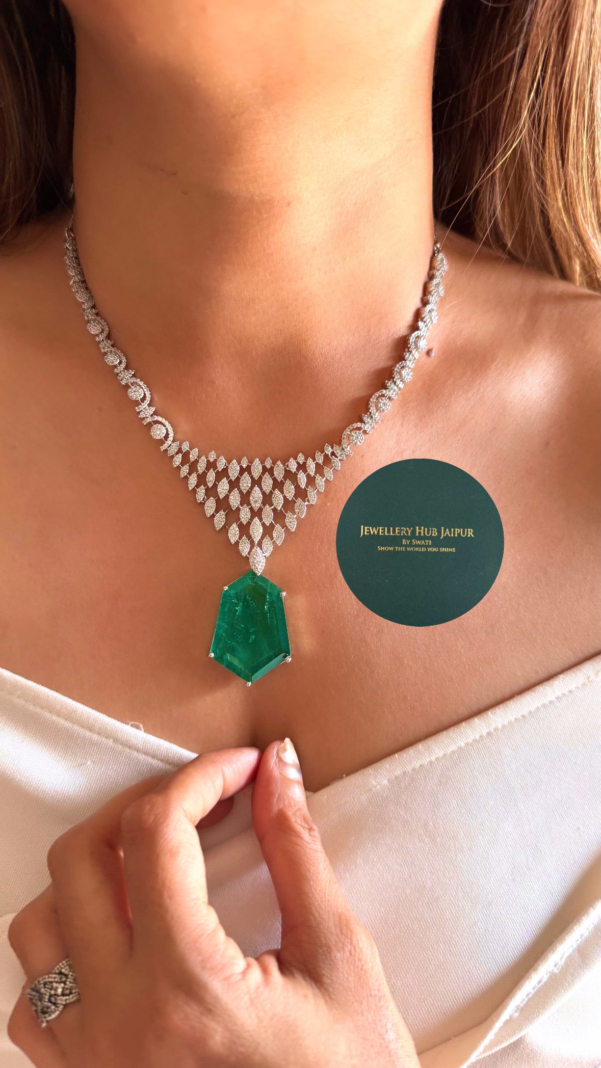 Tisya Emerald doublet cz diamond necklace