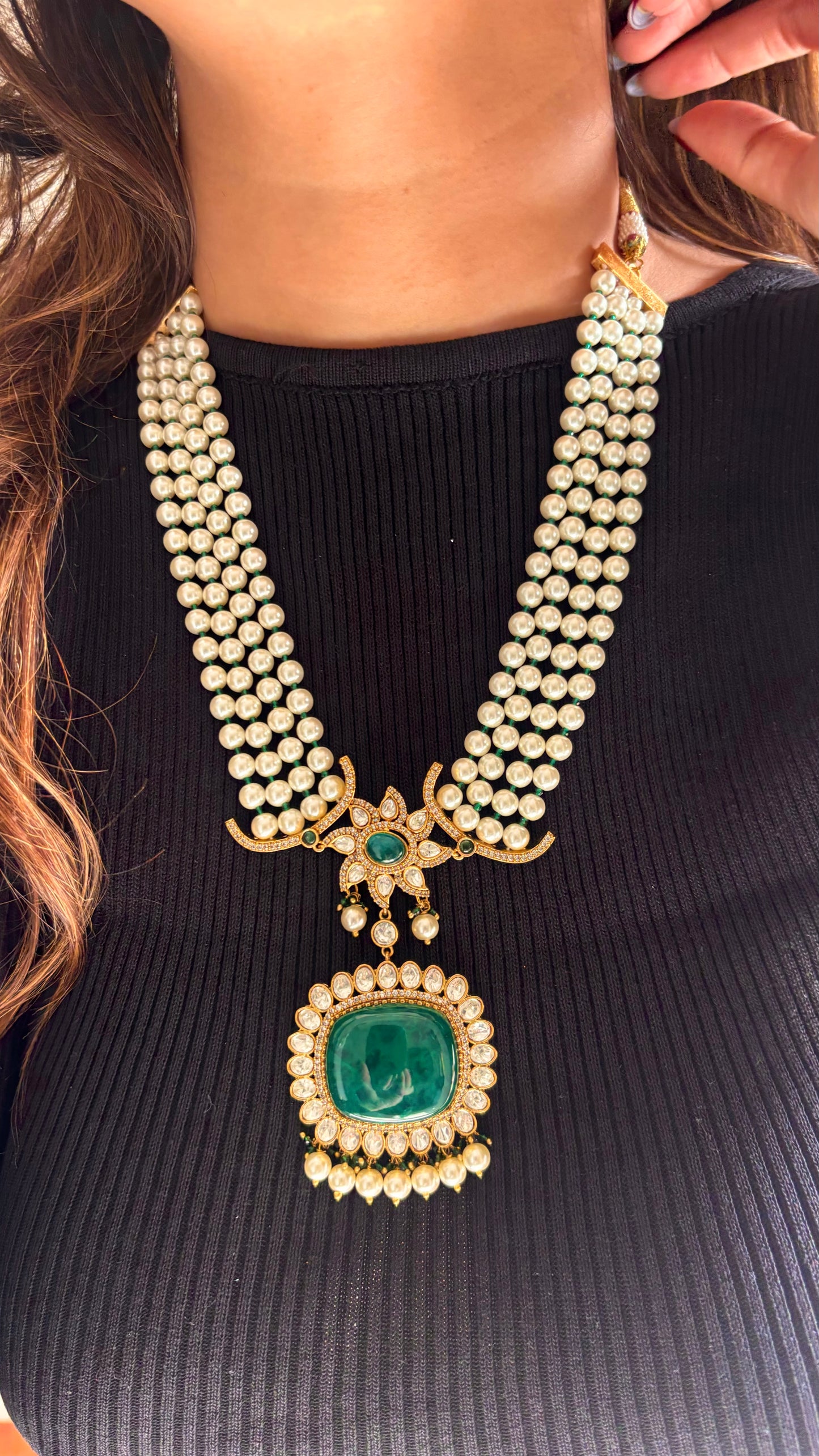 Designer pearl & emerald Moissanite necklace