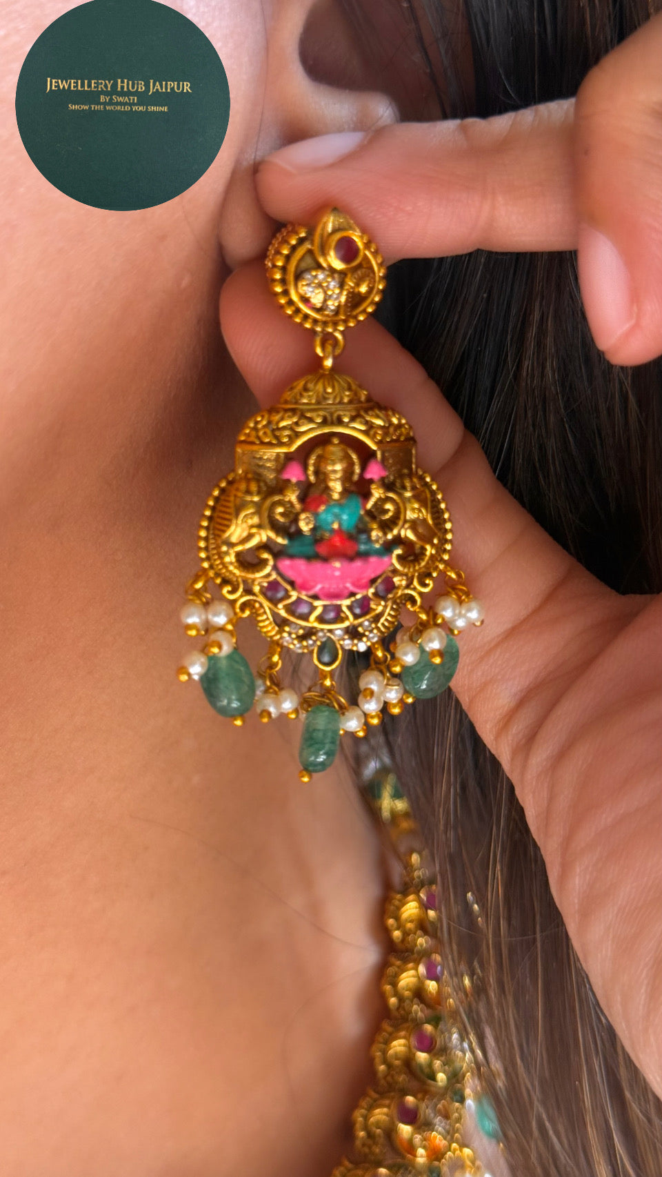 Goddess Laxmi emerald drop temple necklace