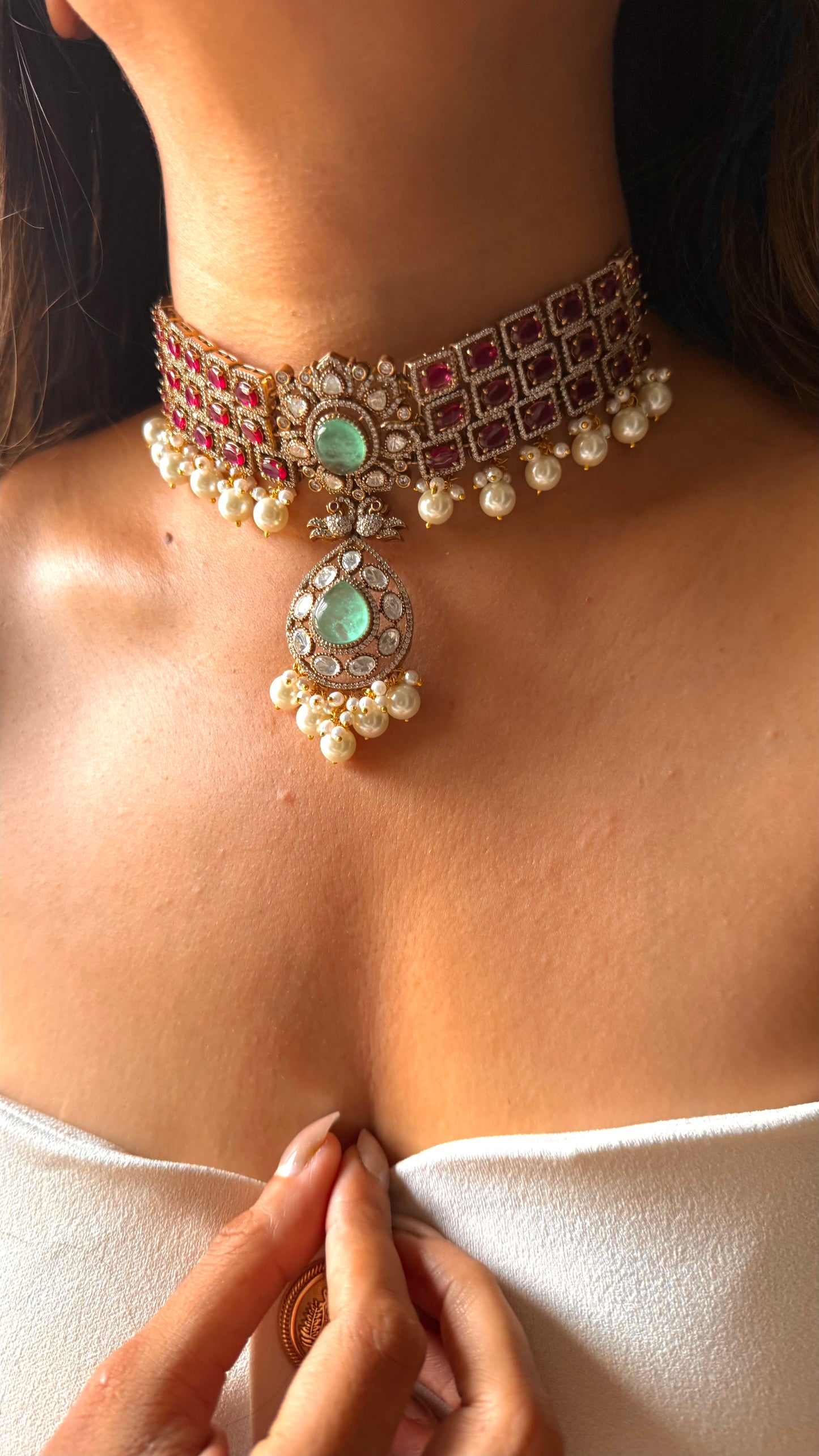 Kajol Mint doublet & rani pink moissanite with pearl drop choker