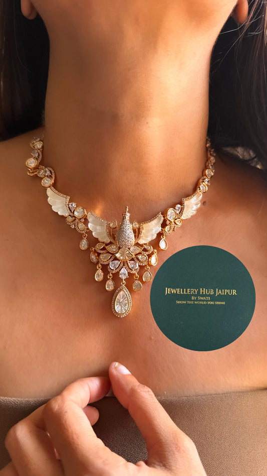 Moissanite peacock shaped design with feather design polki collar set