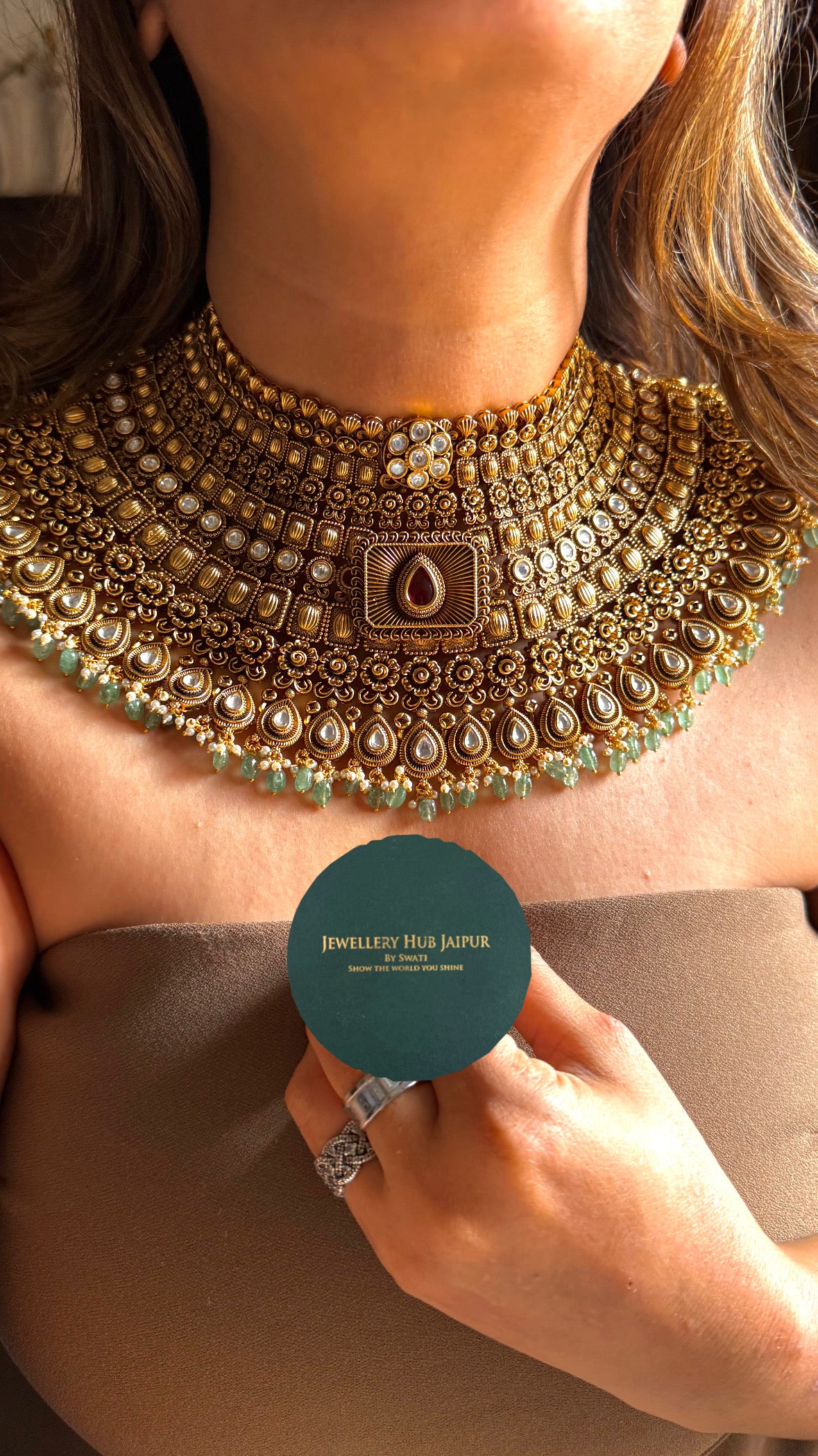 Gold Choker Necklace Mint Green Pearl Detailing