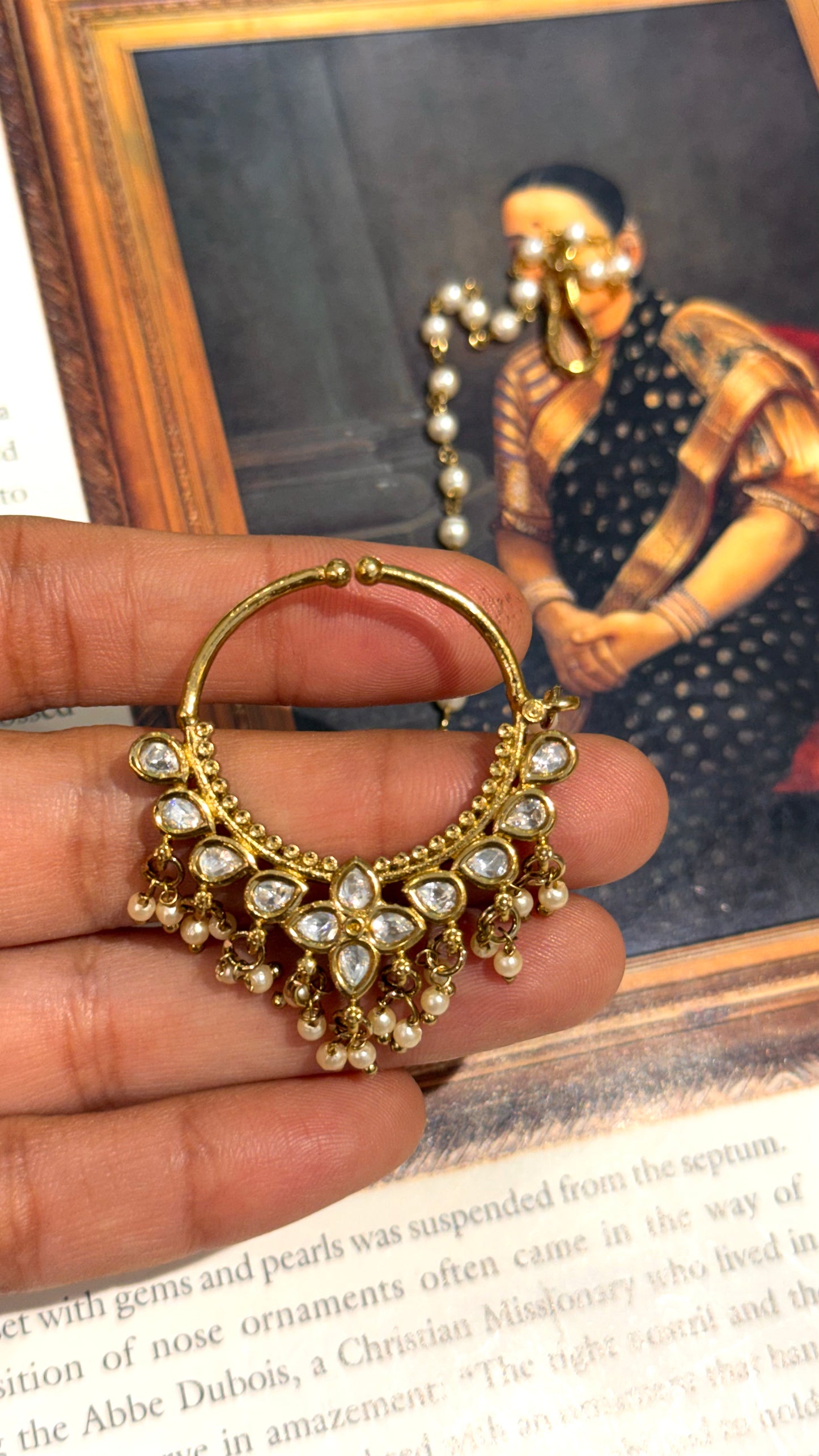 Polki victorian gold nath with gajra detailing