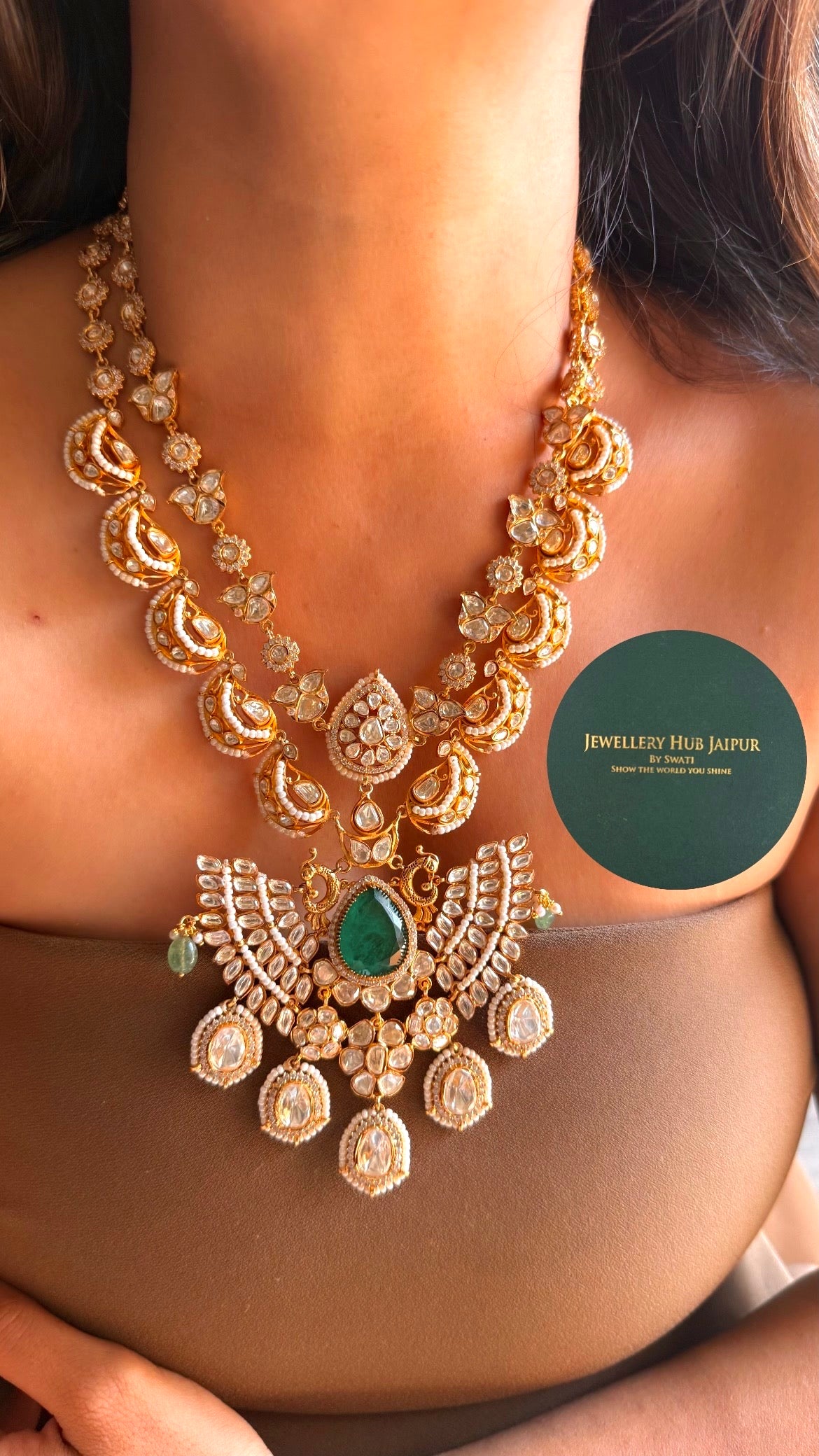 Real moissanite & emerald doublet with mint strawberry designer mid length set