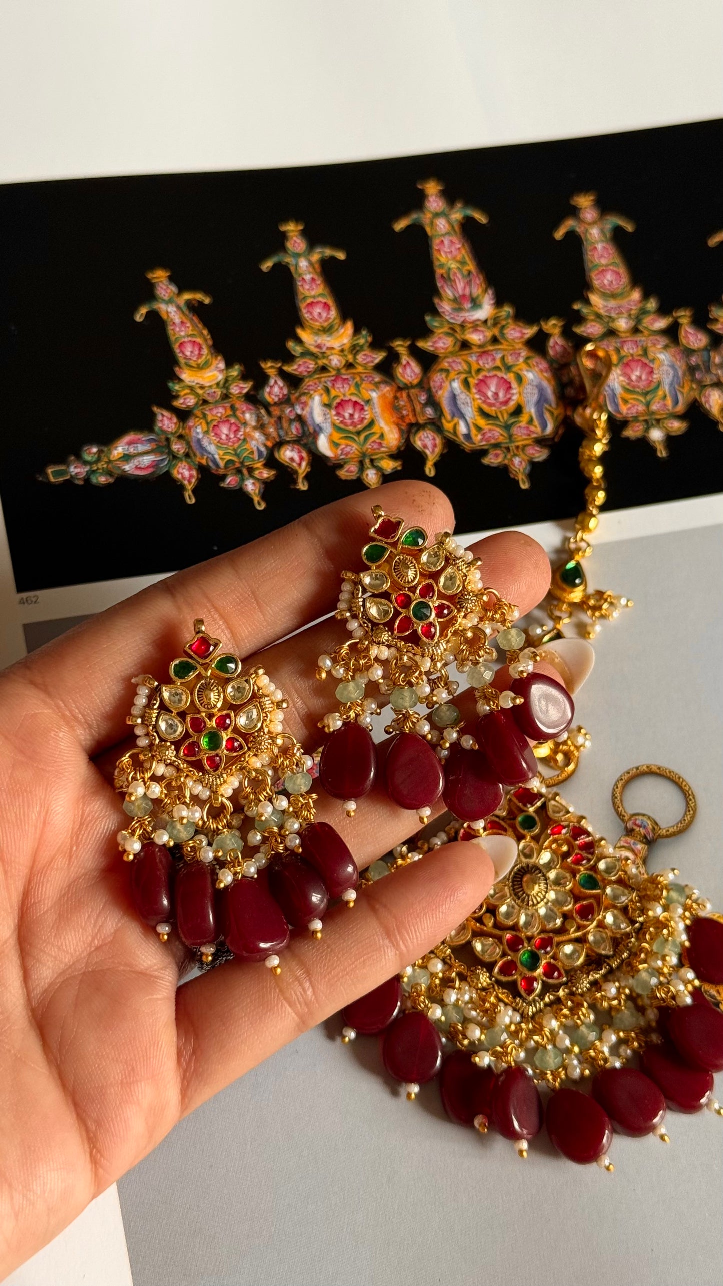 Paachi Ruby & emerald with ruby drops rajwada maangtika & earrings