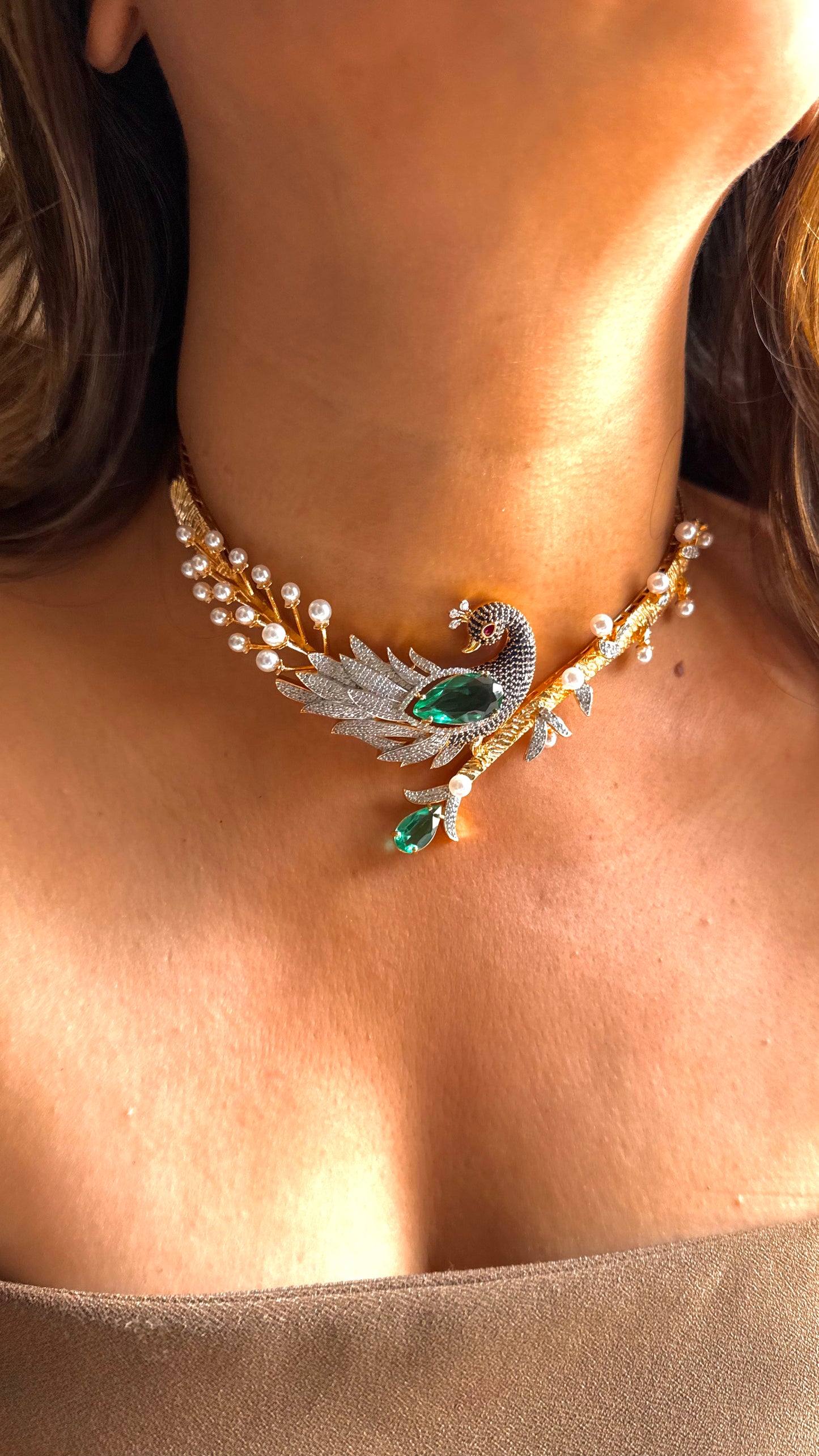 Peacock inspired pearl feather contemporary necklace