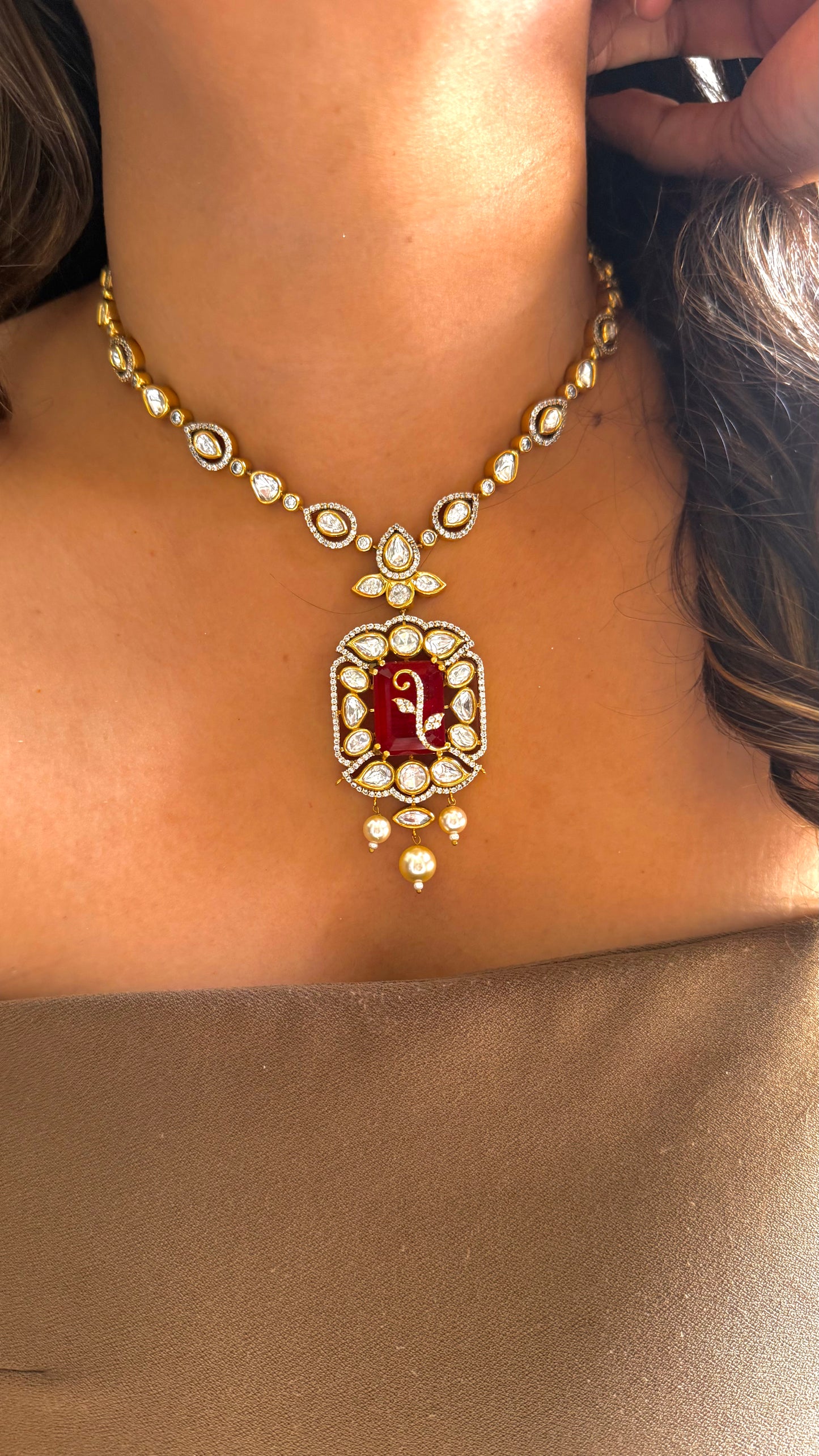 Ruby dual polish Necklace with designer pendant
