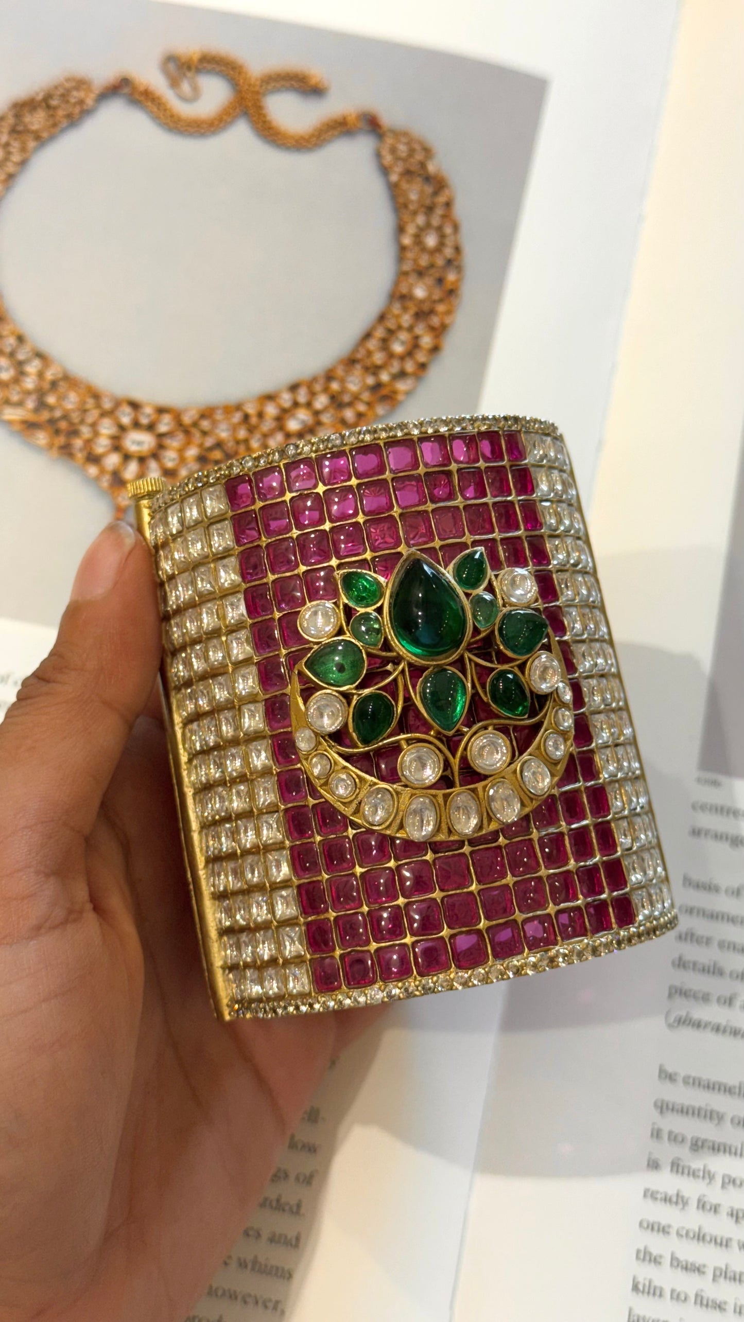 Emerald & rani pink lotus and chaand designer kada
