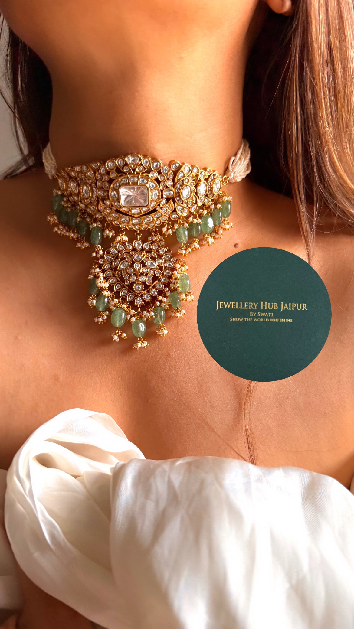 Rukmani Moissanite polki rajwada choker with mint drop