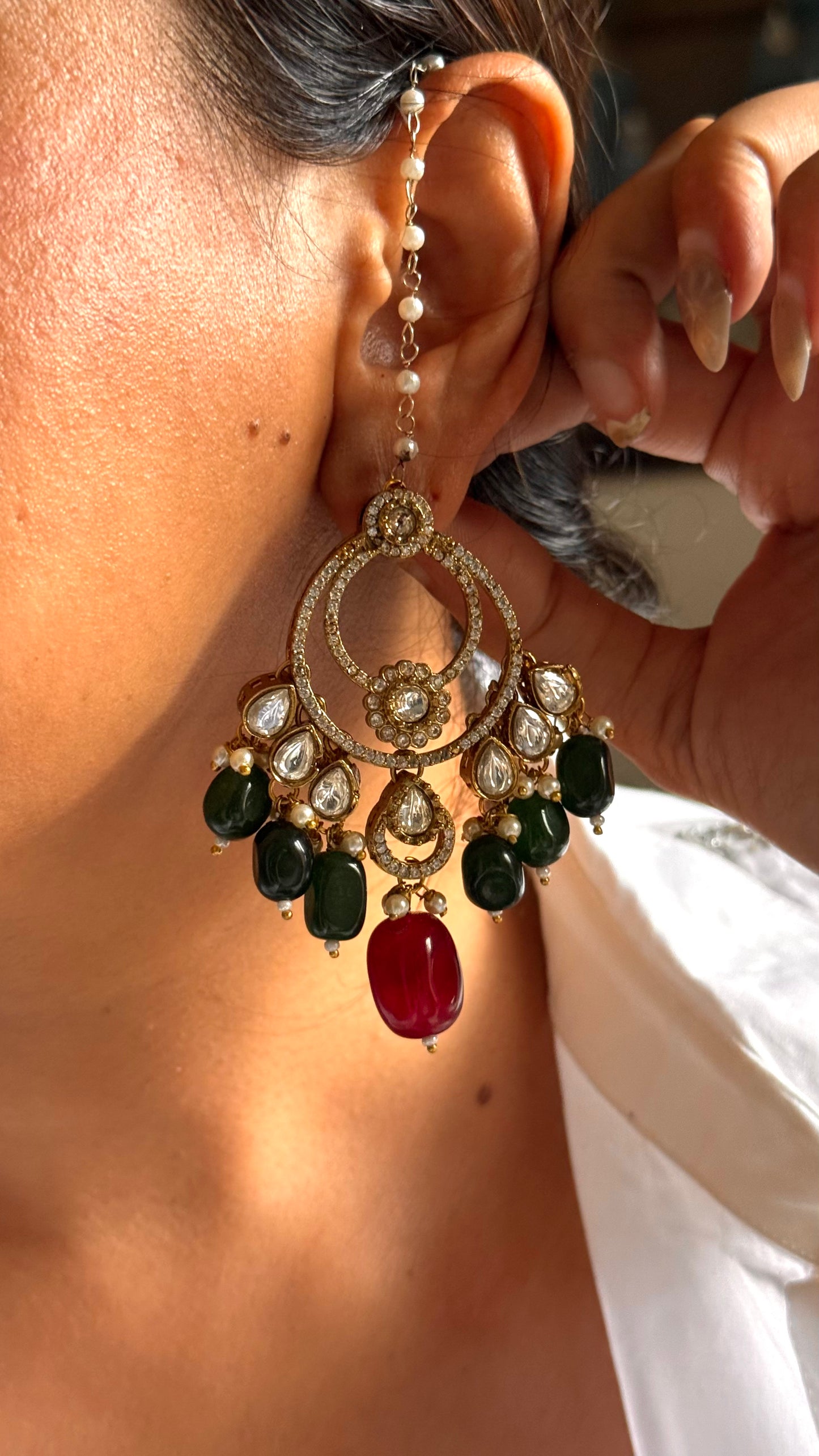 Moissanite victorian emerald & ruby beads earrings