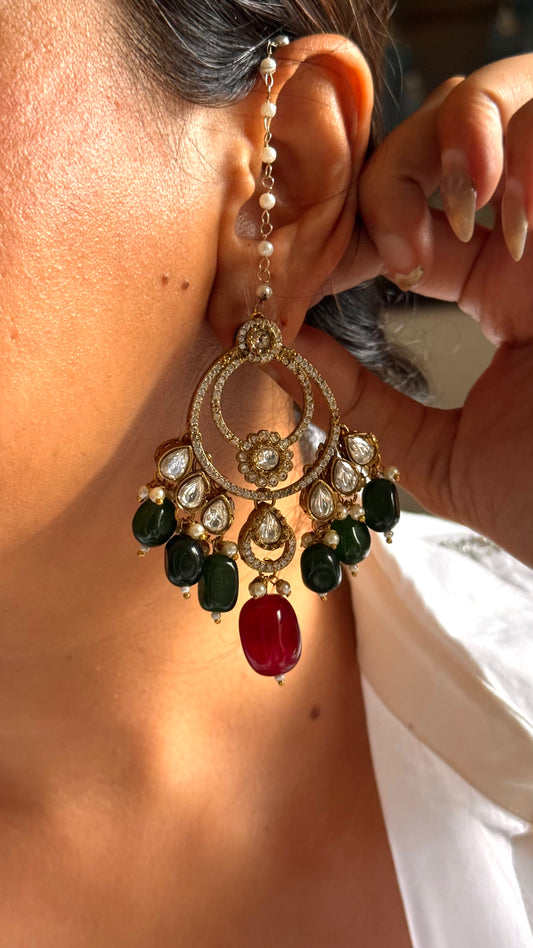 Moissanite victorian emerald & ruby beads earrings