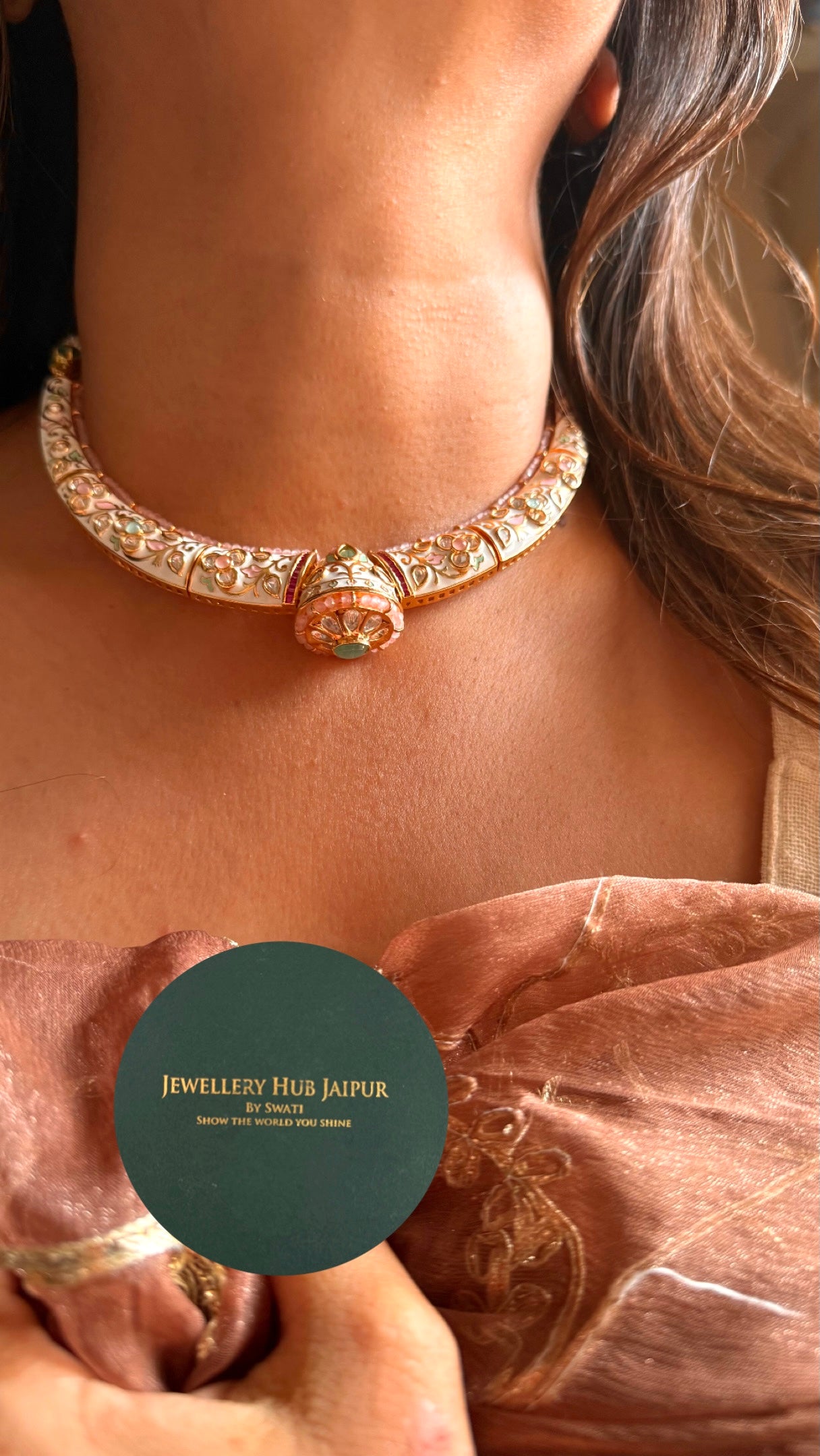 Mint & rose quartz off white meenakari hasli