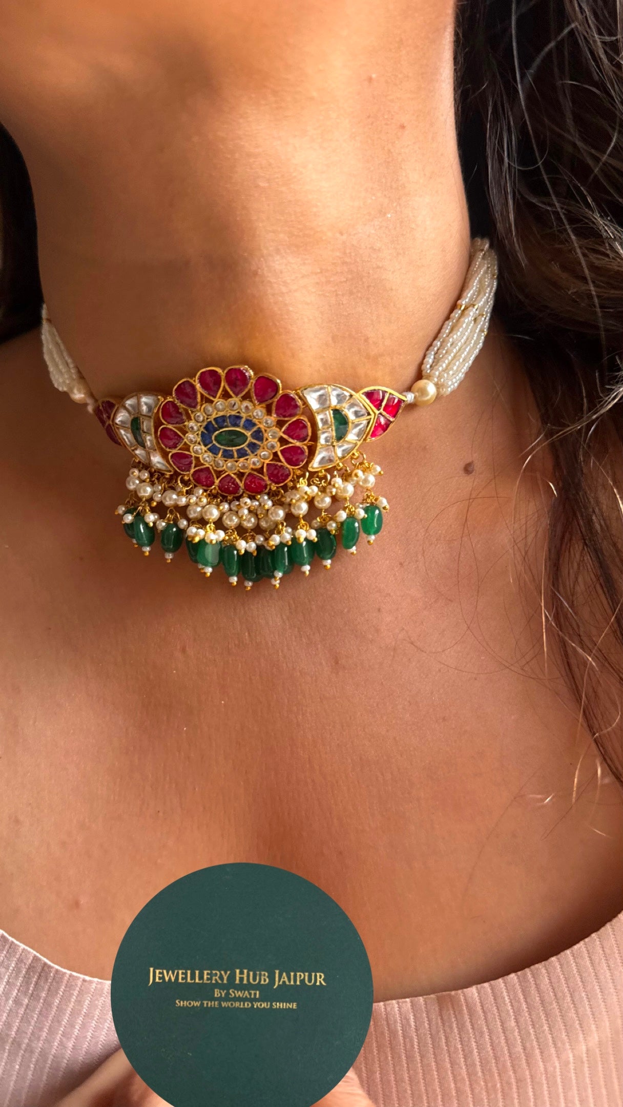 Handmade Paachi Kundan jadau multicoloured thread choker necklace set