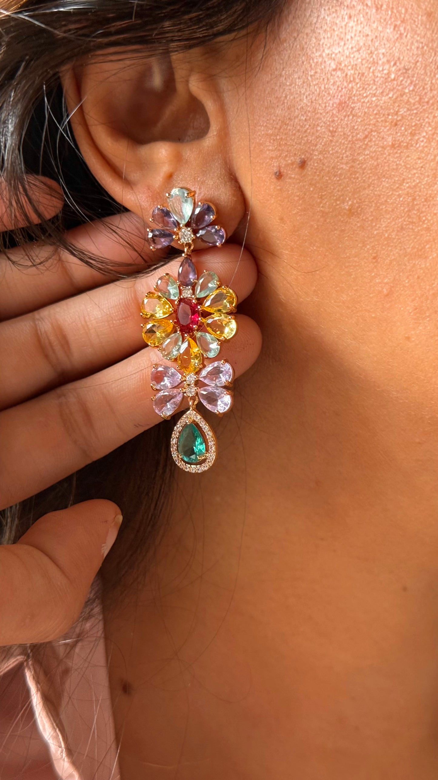 Rose Gold Multi-Gemstone Flower Danglers