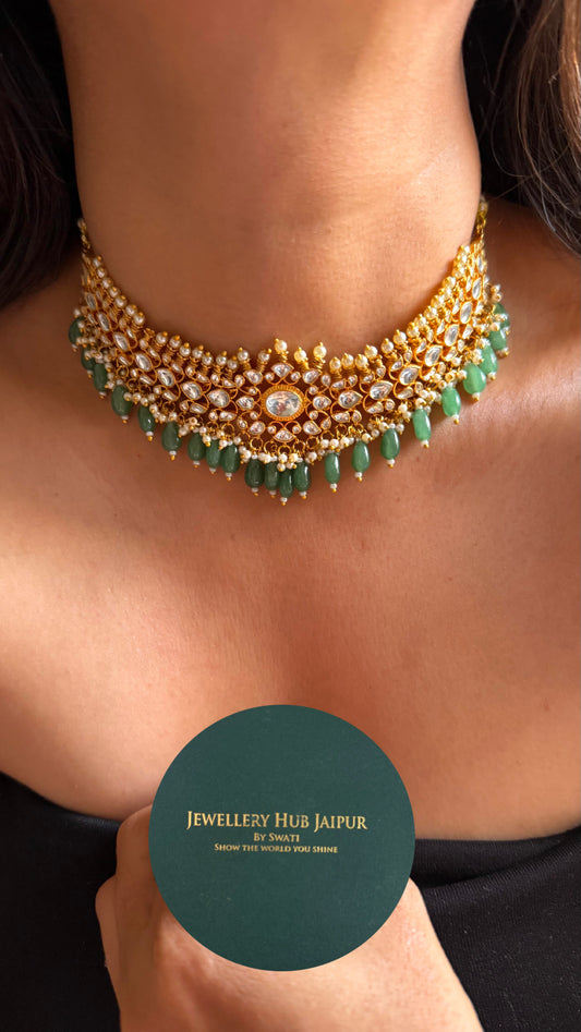 Real paachi kundan with emerald drop choker