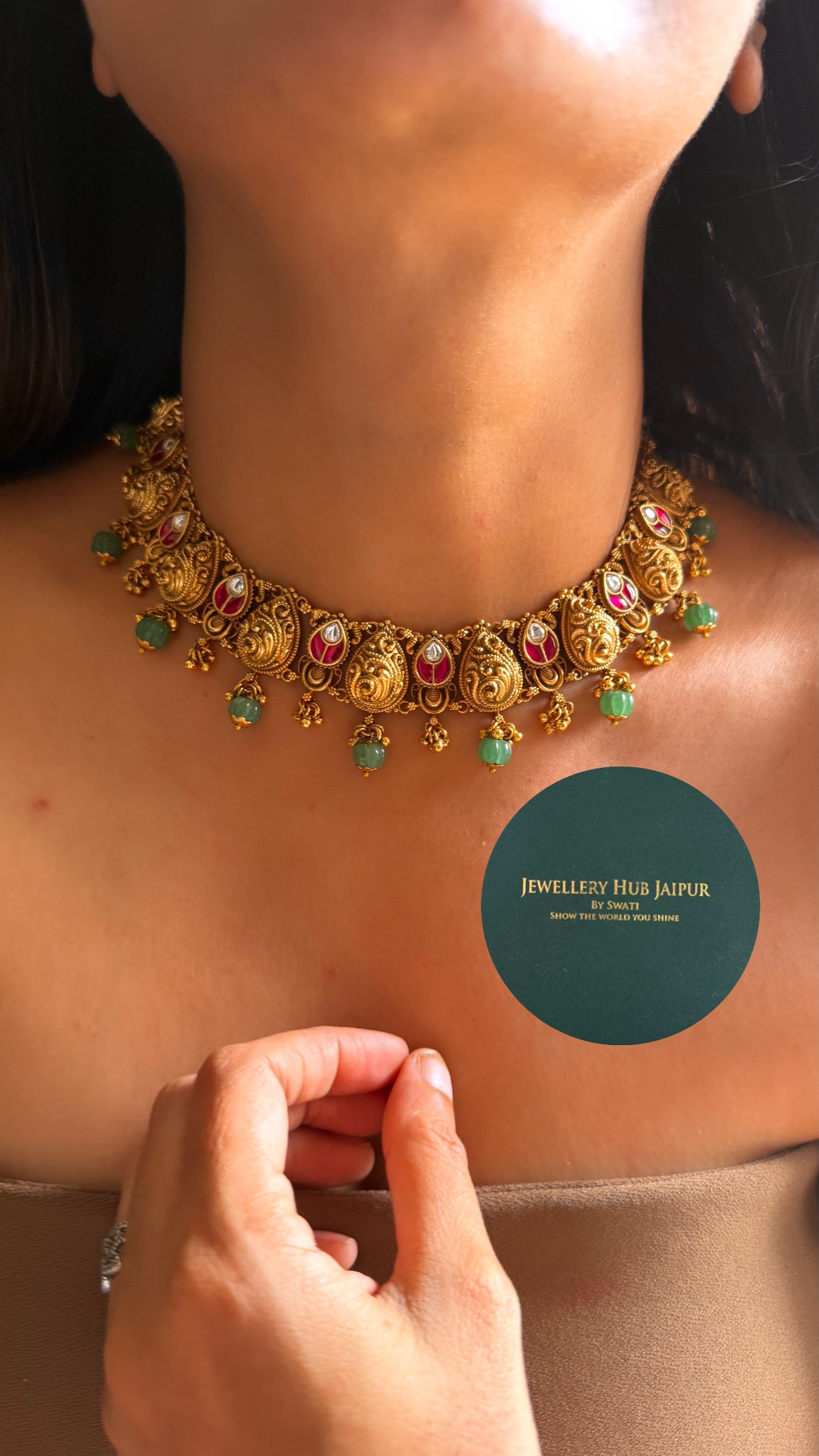 Rani pink katdana leaf & mint drop temple collar set