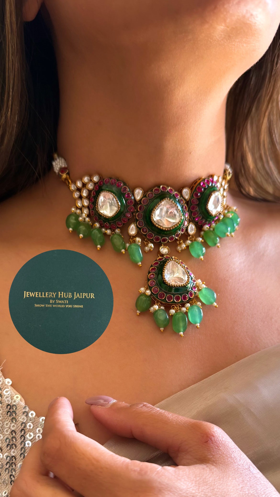 Ruby & Emerald mint polki choker necklace with jhumkas