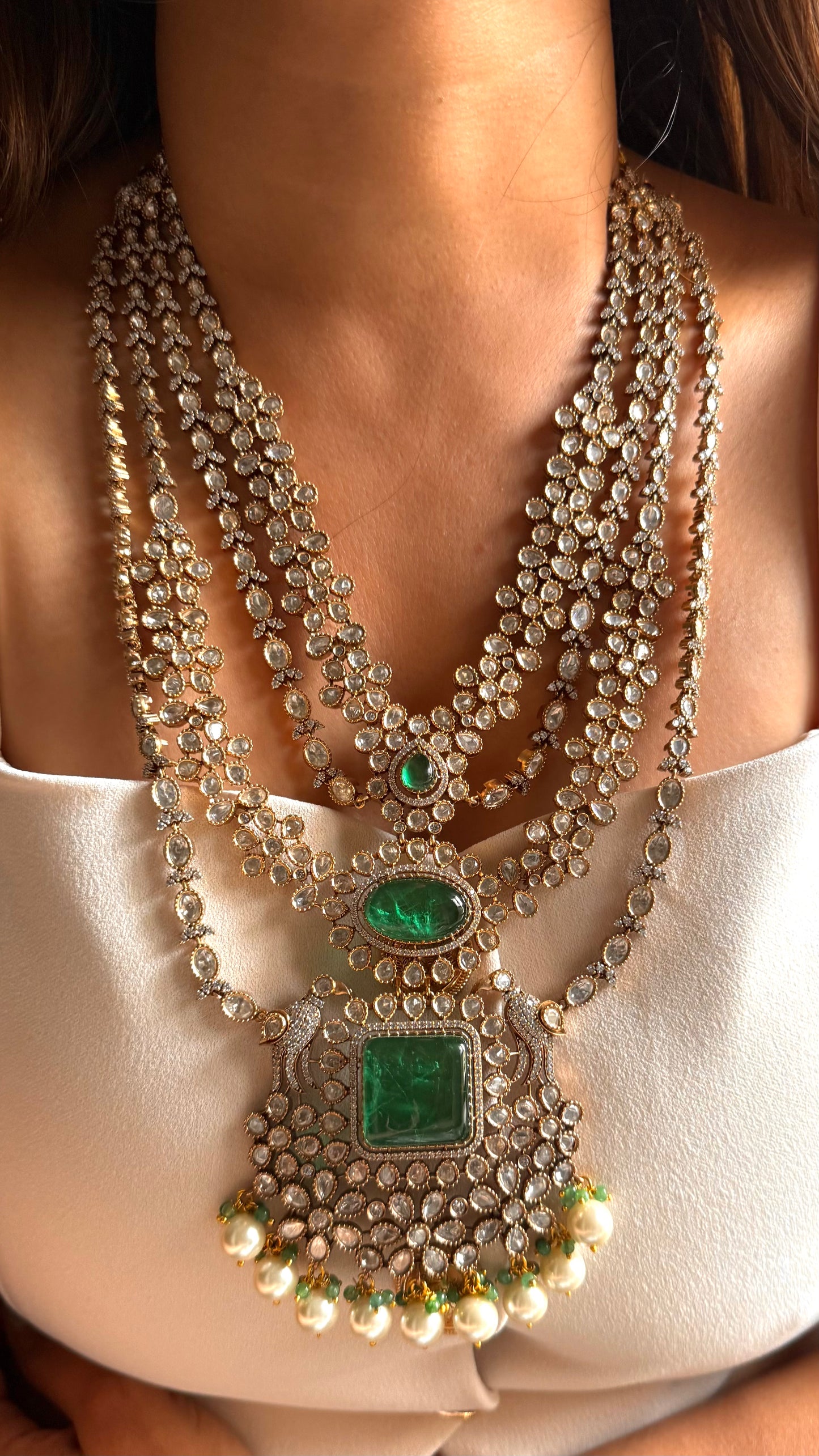 Leela Emerald doublet moissanite floral layered long maharani set