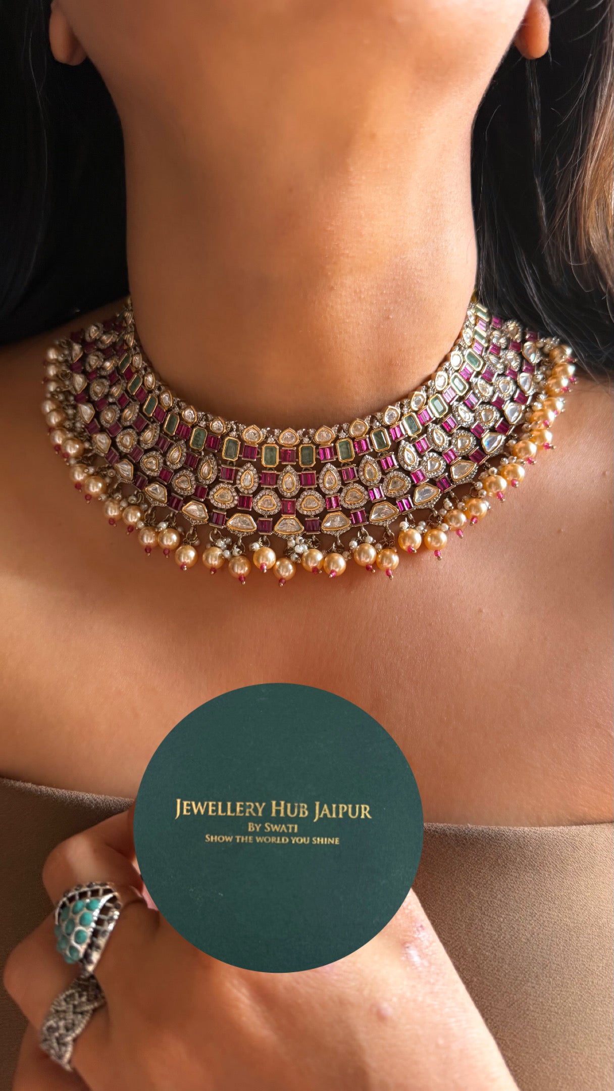 Rani pink ruby & mint real moissanite with drops choker set