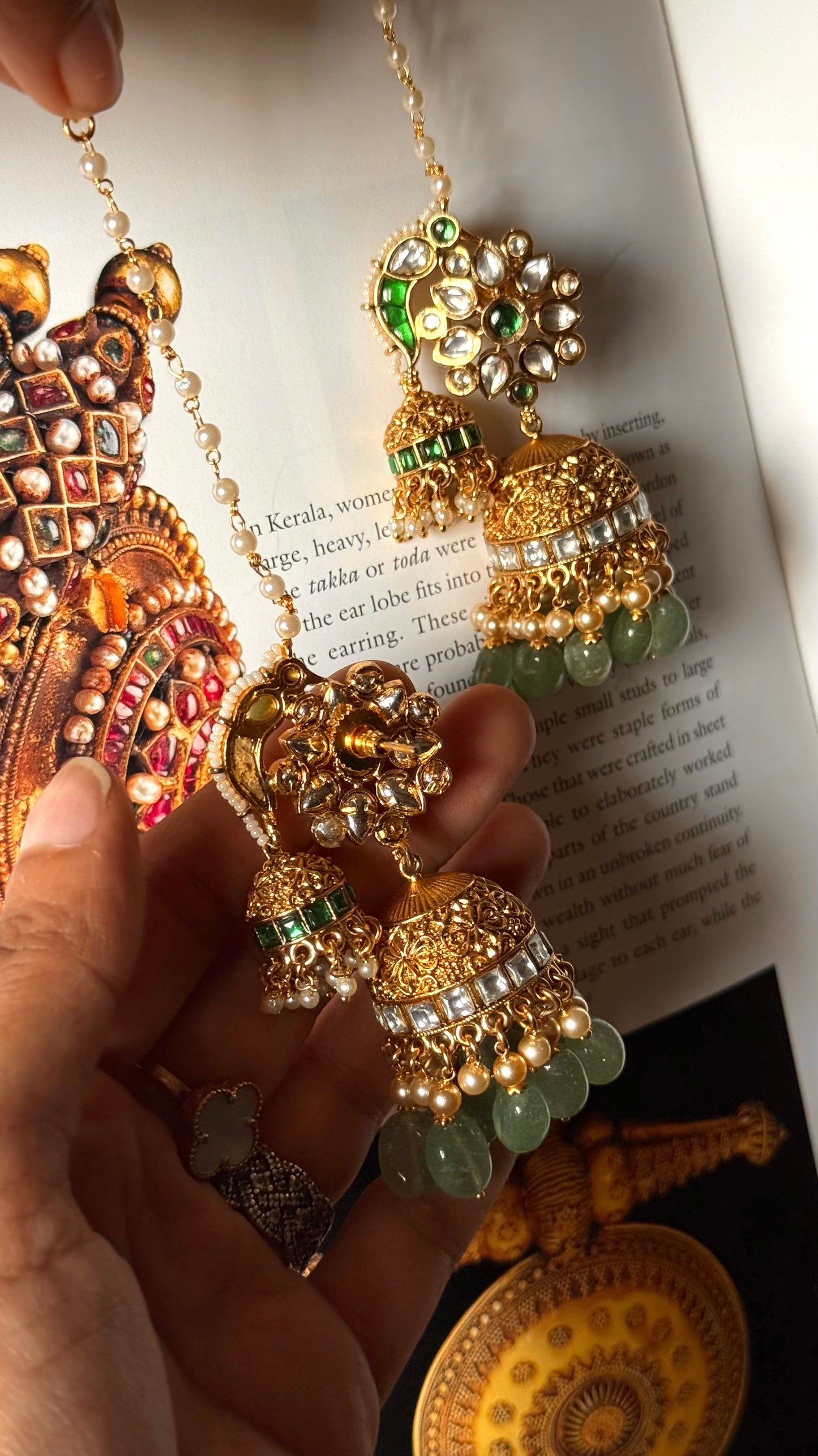Emerald  & mint rajwada jhumki with ear chain