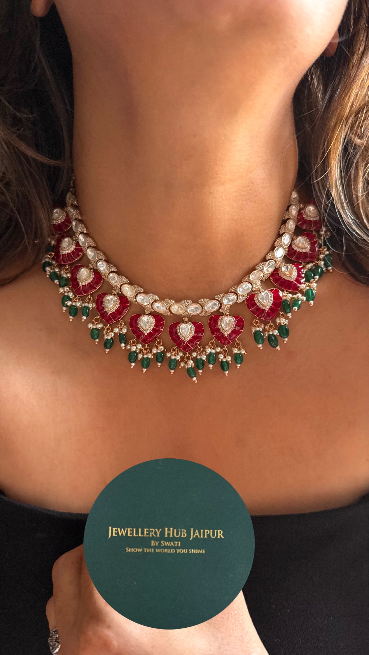 Rani pink ruby with emerald drops collar necklace