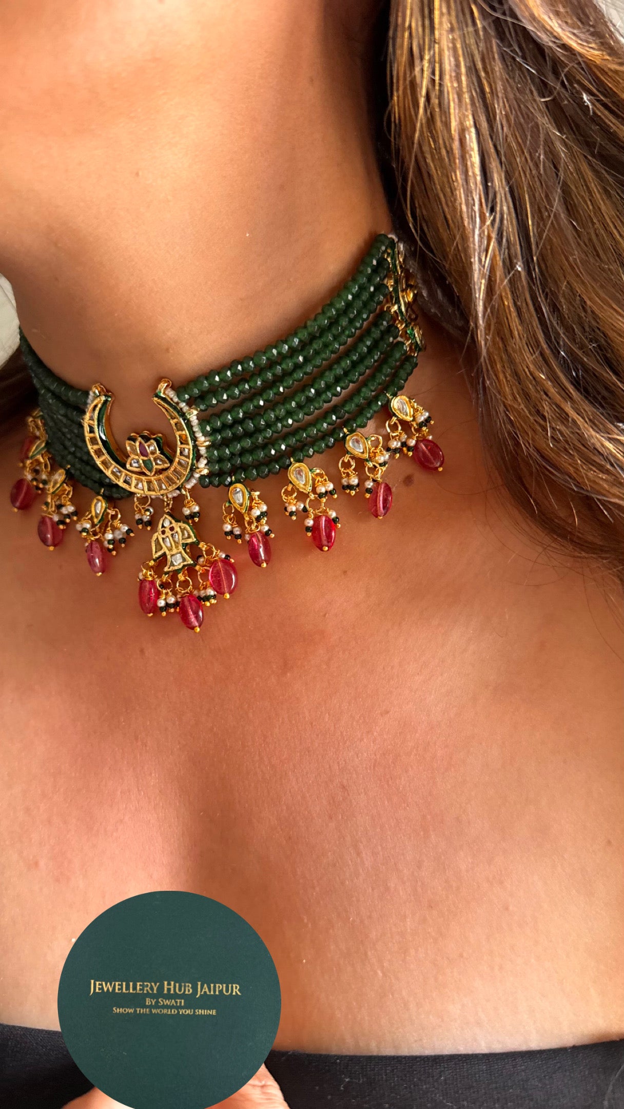 Moon shape emerald meenakari work with rose quartz drop Necklace