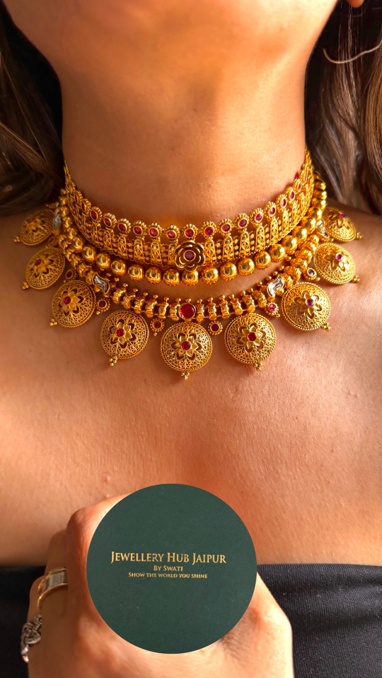 Ruby floral dull gold Rajwada Combo necklace