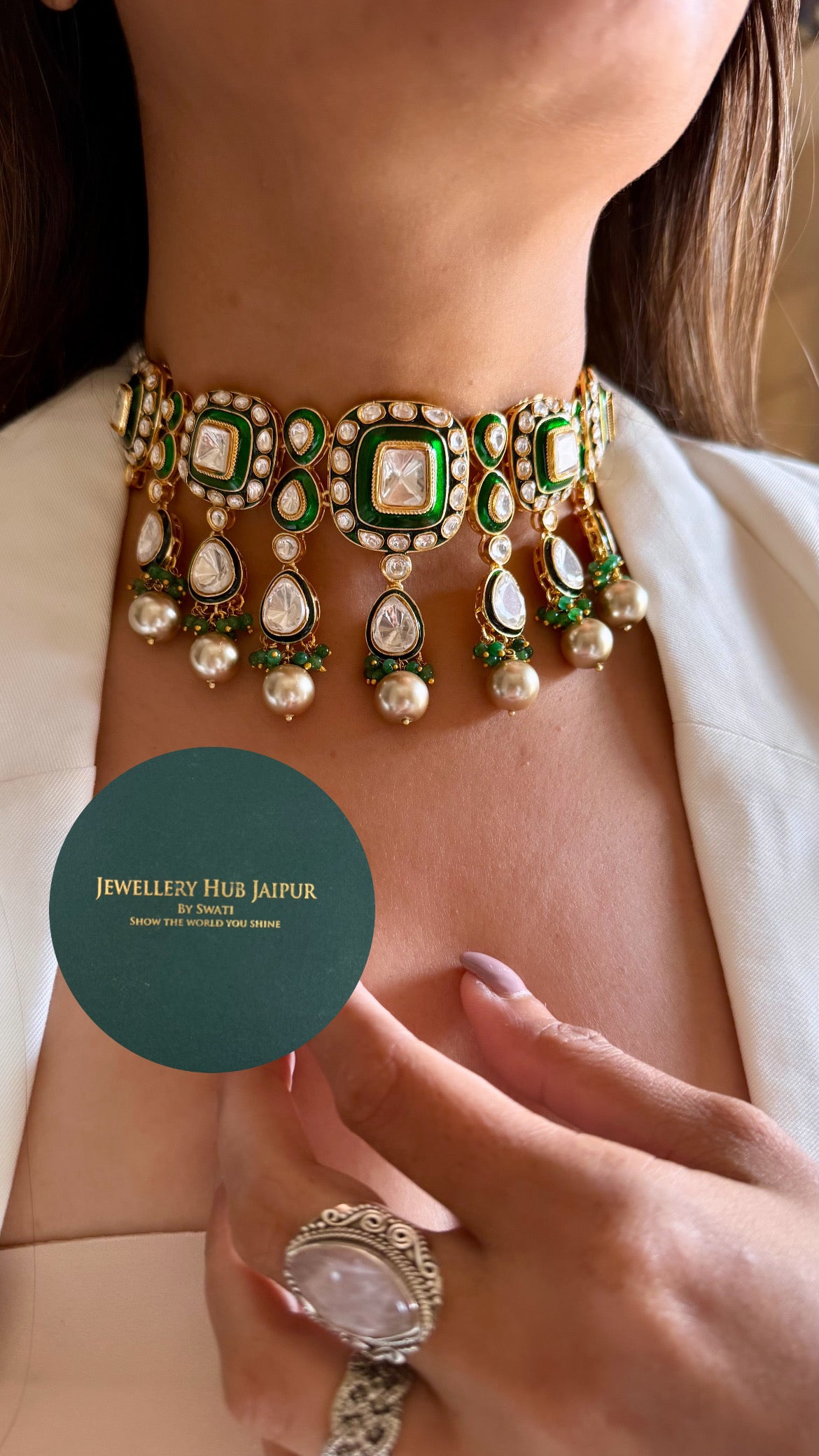 Paanabindu Emerald meenakari with cocktail drop with earrings