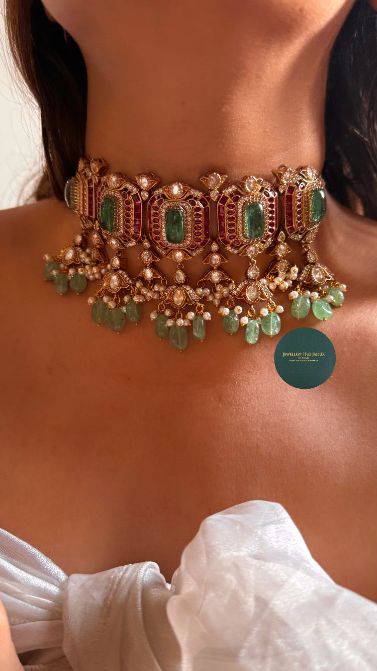 Mint doublet & Rani pink with mint drops Choker set