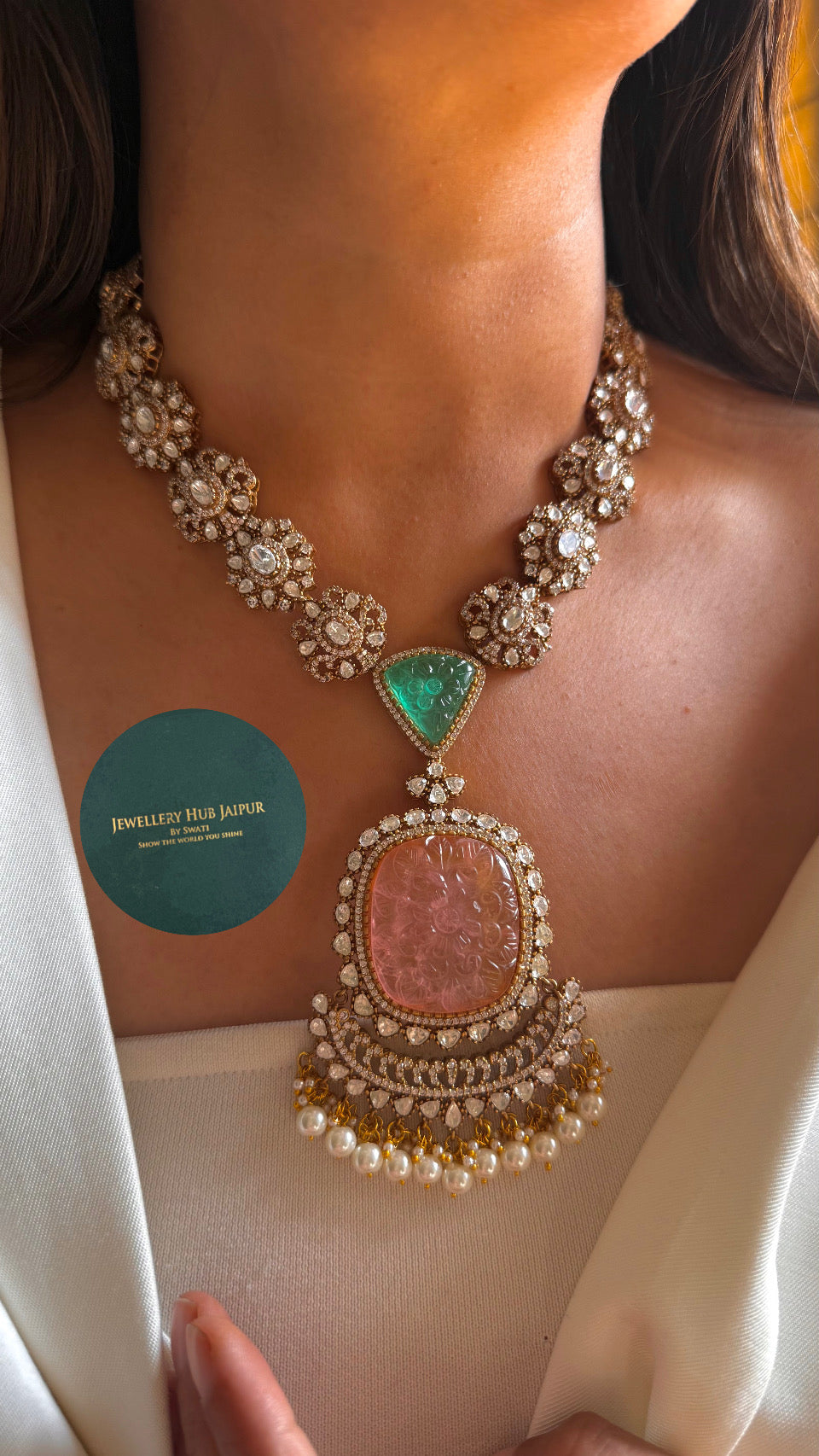 Mint & Rose quartz moissanite mid length necklace