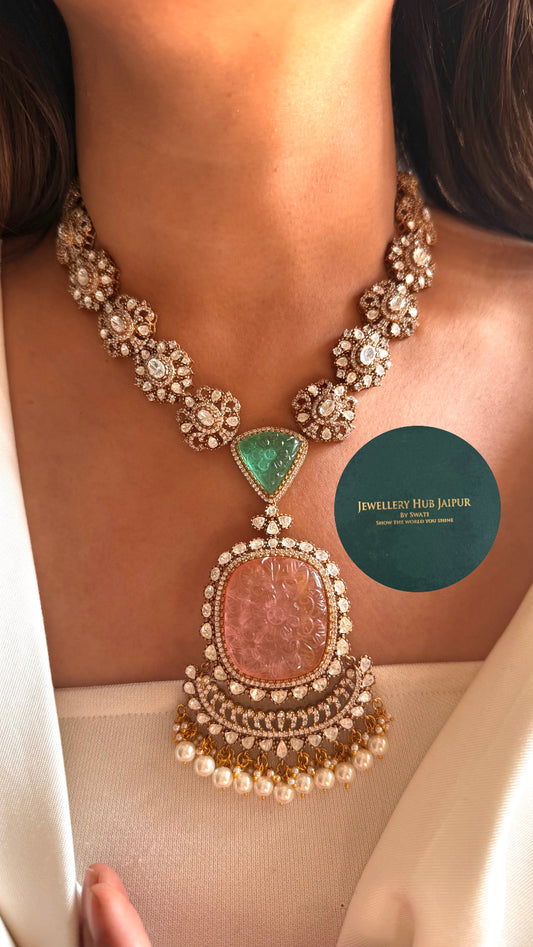 Mint & Rose quartz moissanite mid length necklace