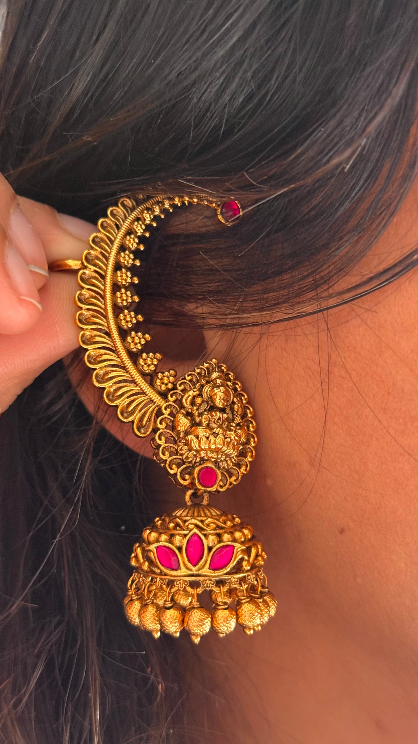 Goddess Laxmi Rani pink ear cuff temple Jhumka with golden drops