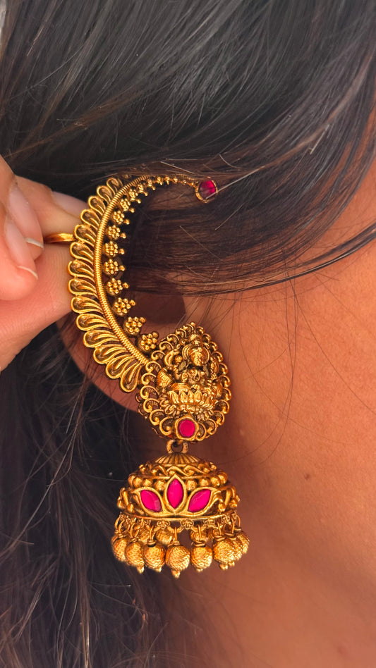 Goddess Laxmi Rani pink ear cuff temple Jhumka with golden drops