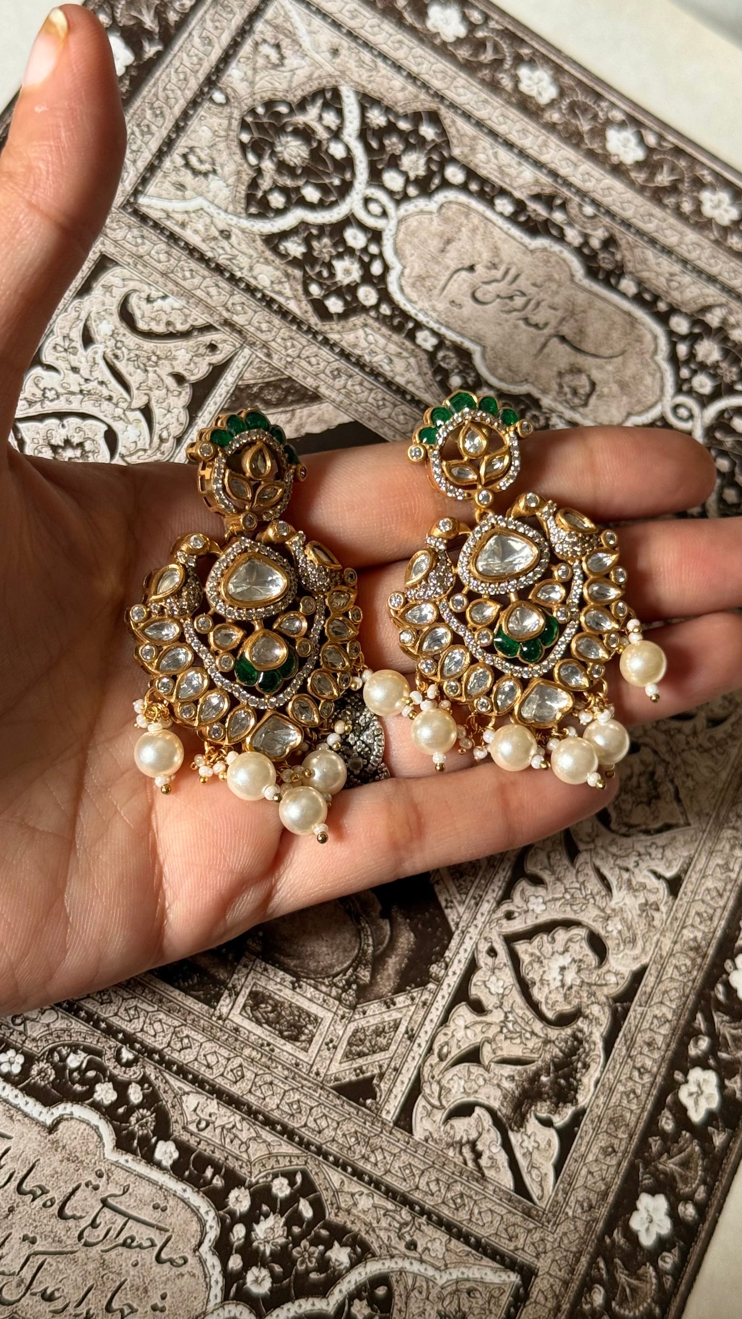 Emerald katdana moissanite with pearl drop earrings