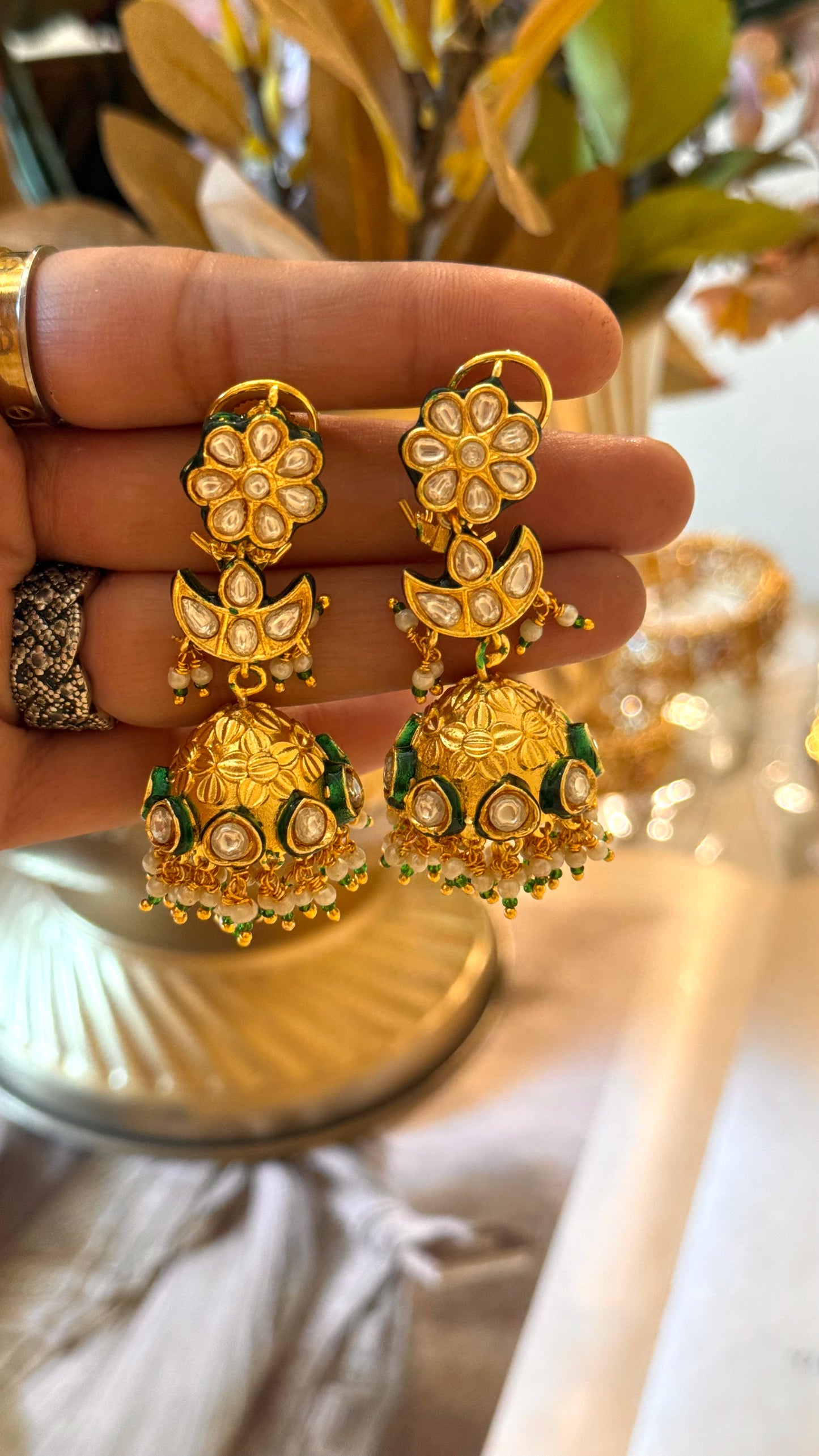 Meenakari back clip polki chandbali