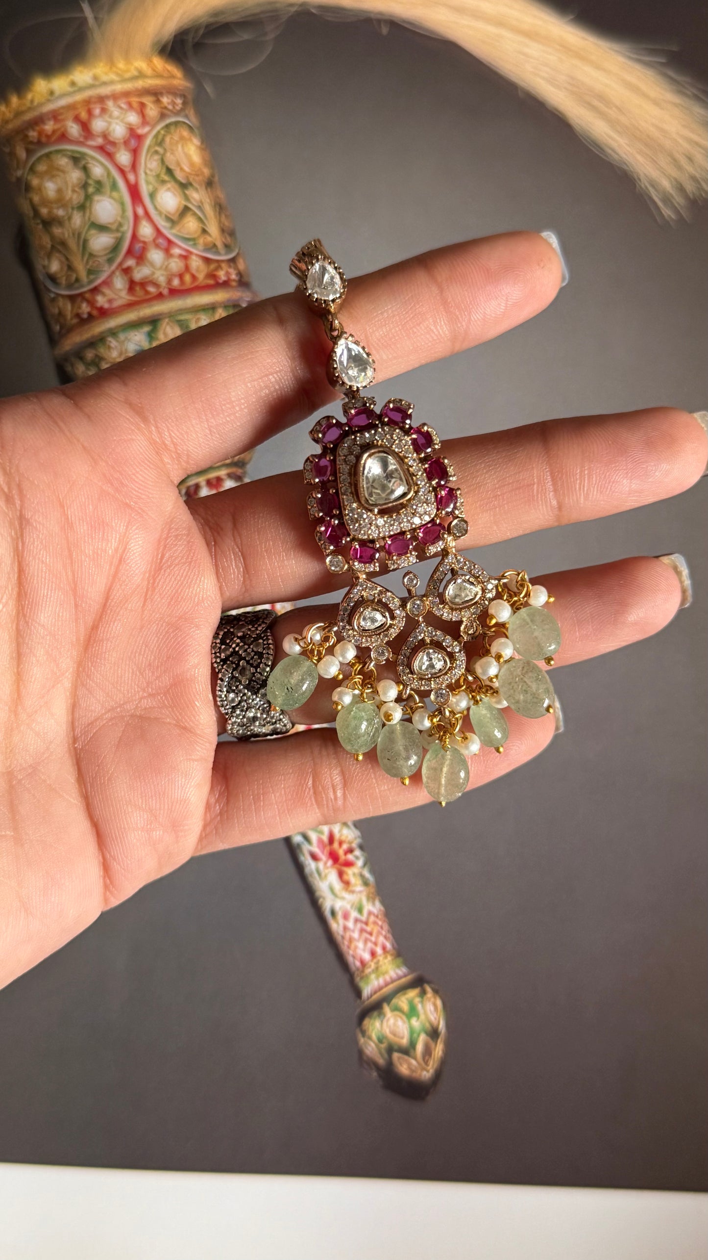 Rani pink & mint moissanite maangtika