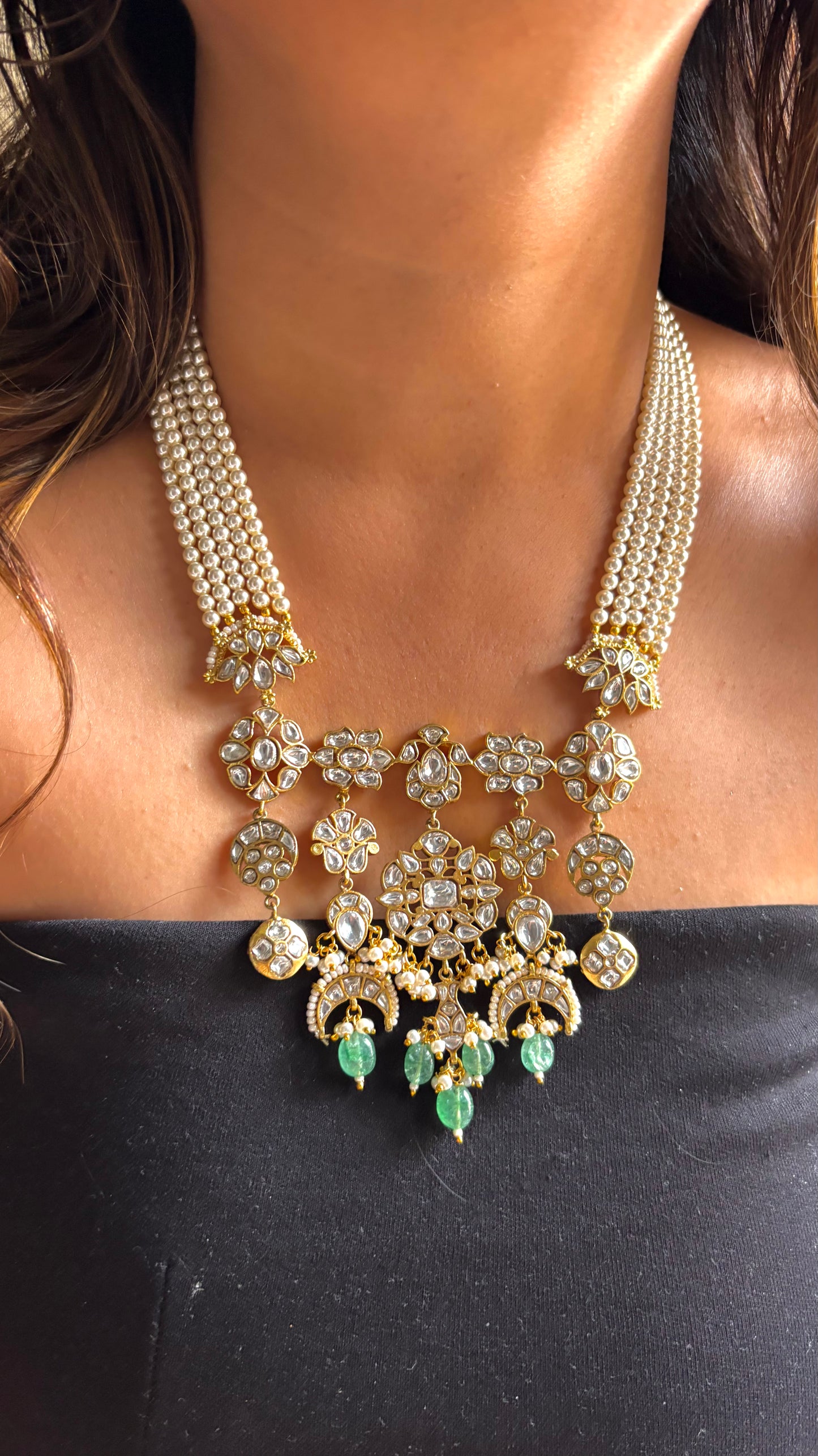 Paachi Necklace combo Set with Floral kundan Detailing & mint drops
