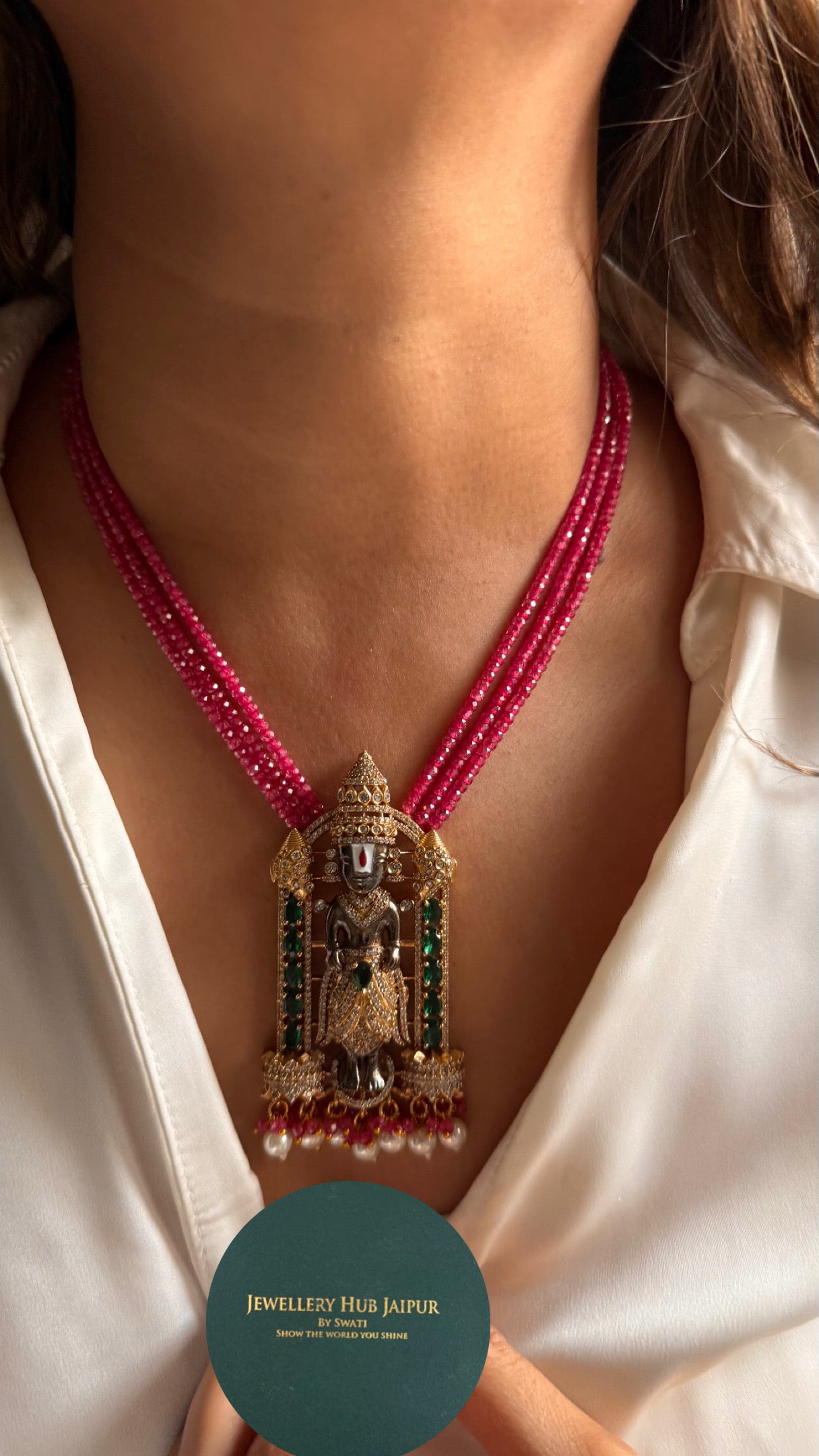Lord venkateswara with rani pink pearl string pendant set